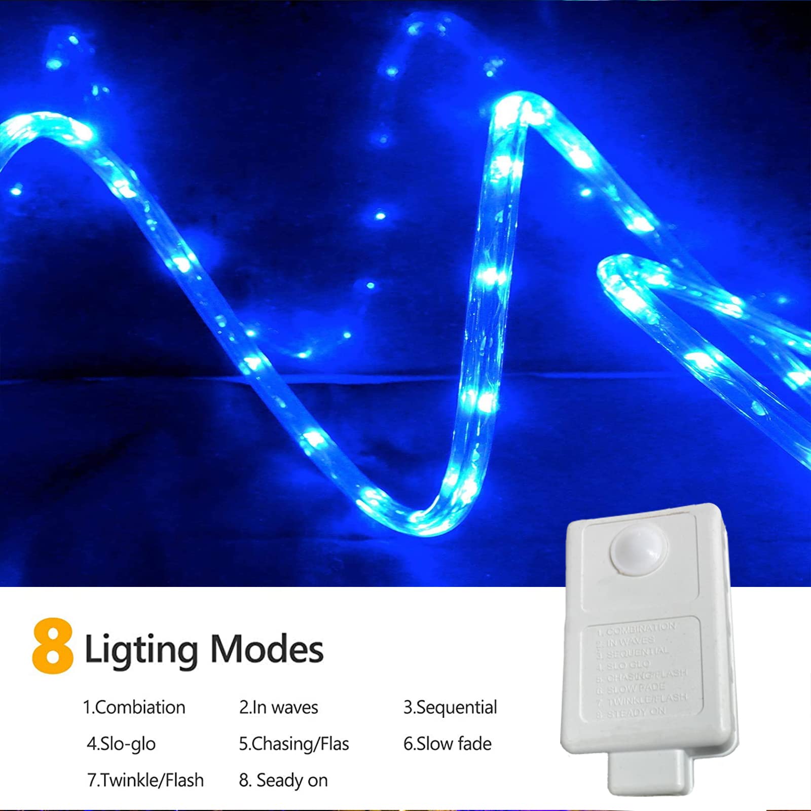 Jnaurb 100ft LED Rope Lights, Blue, Waterproof, 720 LEDs, Flexible Tube, 8 Modes for Outdoor/Indoor Xmas Decoration
