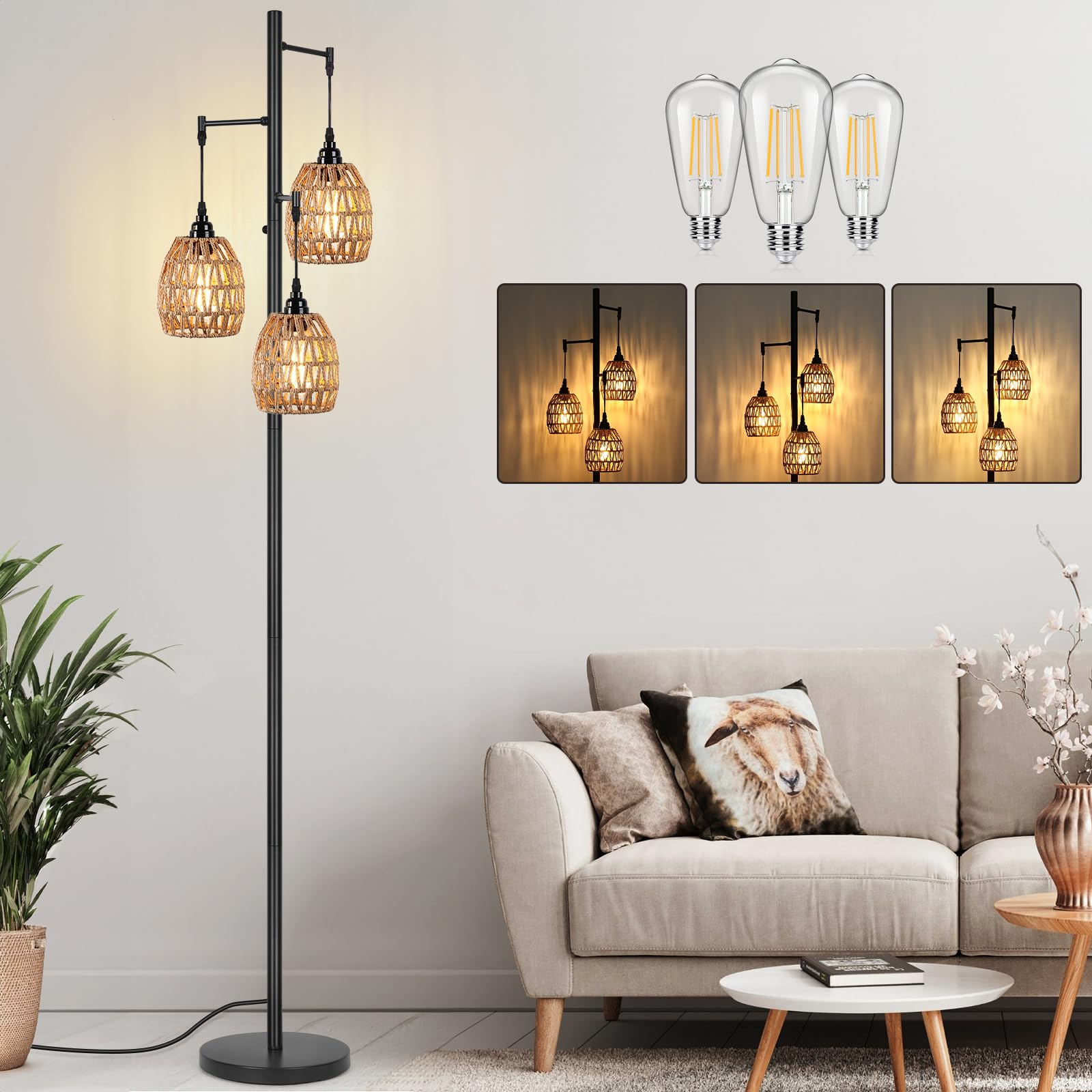 Brighthome Boho Rattan Floor Lamp, Standing Lamps For Living Room,Dimmable Floor Lamp With Cage Shade, Industrial Farmhouse Floo