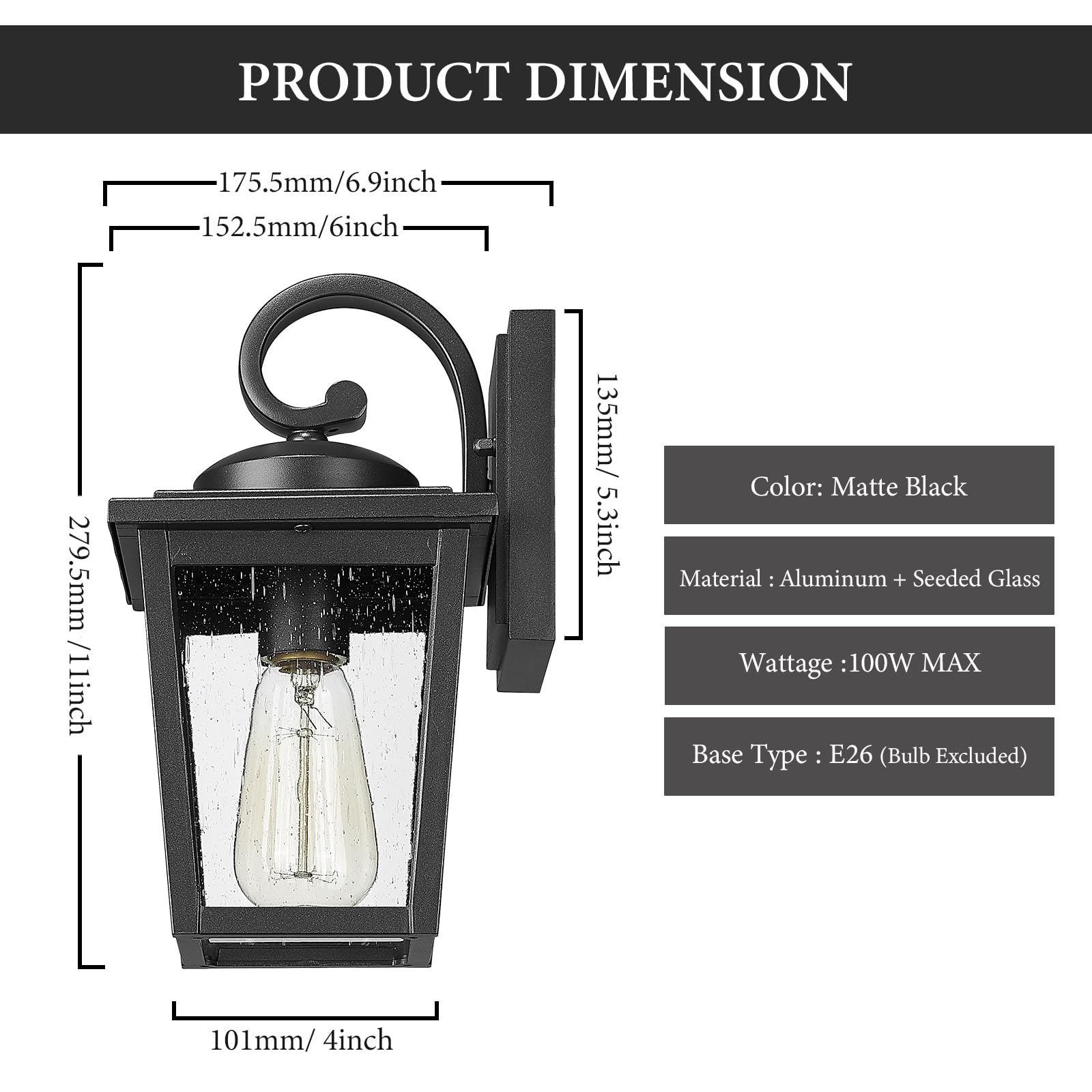 Luminzone Waterproof Outdoor Wall Lanterns, Seeded Glass, Small Aluminum Sconces For Porch & Patio