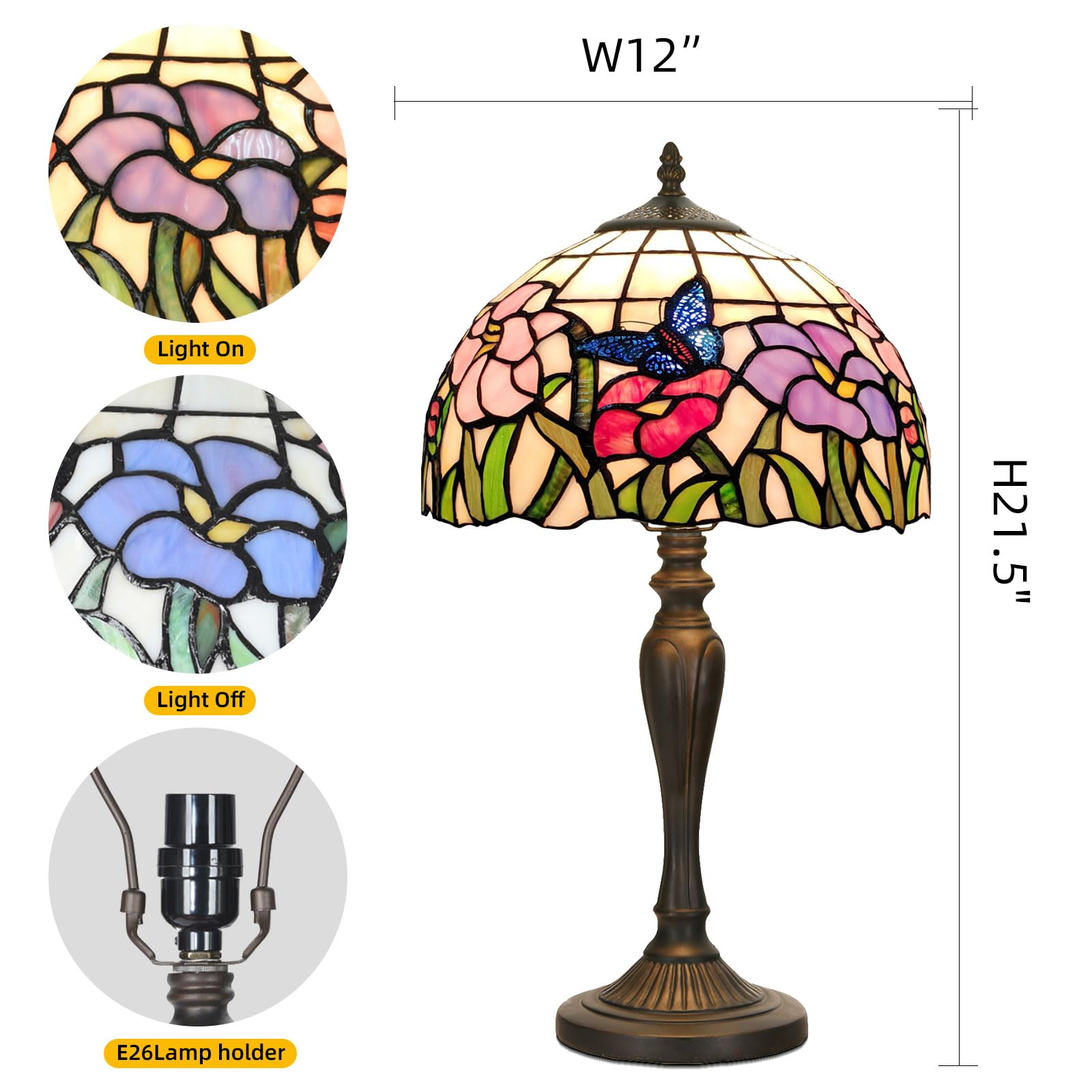 HomeBeauty Tiffany Table Lamp - Vintage Stained Glass Flowers & Butterflies, 12x21.5 Inches, Perfect for Bedroom & Living Room Decor