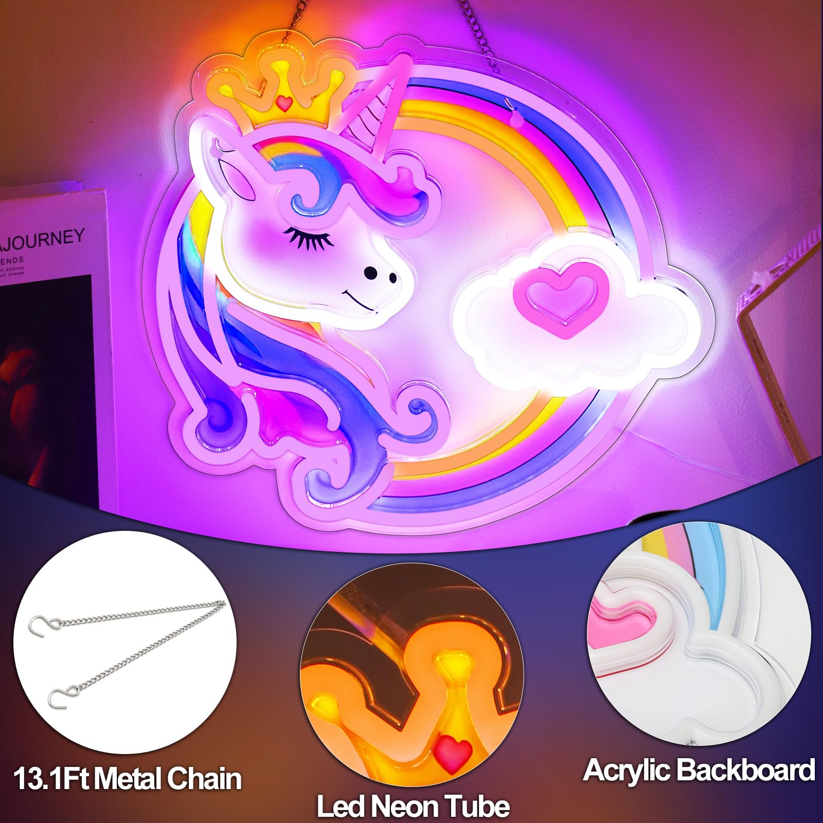 YAOZHOU Unicorn Neon Sign Light - Dimmable LED Wall Decor, Multicolor, USB Powered, Model Y001 for Kids Room, Birthday Party, Gifts