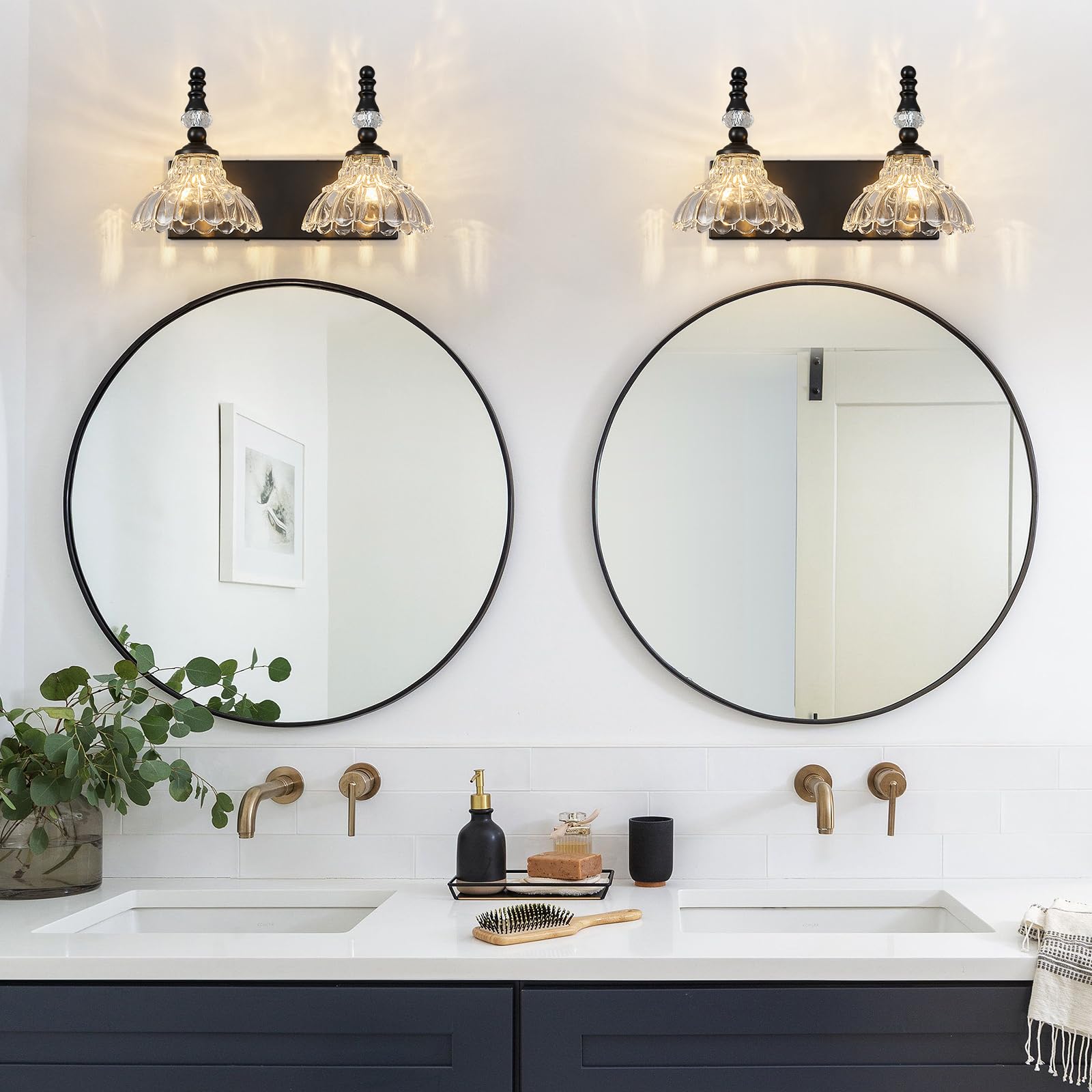 Lbsqj Vintage Bathroom Vanity Light  2-Light Black Vanity Lighting Fixture With Flower Glass Shade  Bathroom Lighting Fixtures Over Mirror