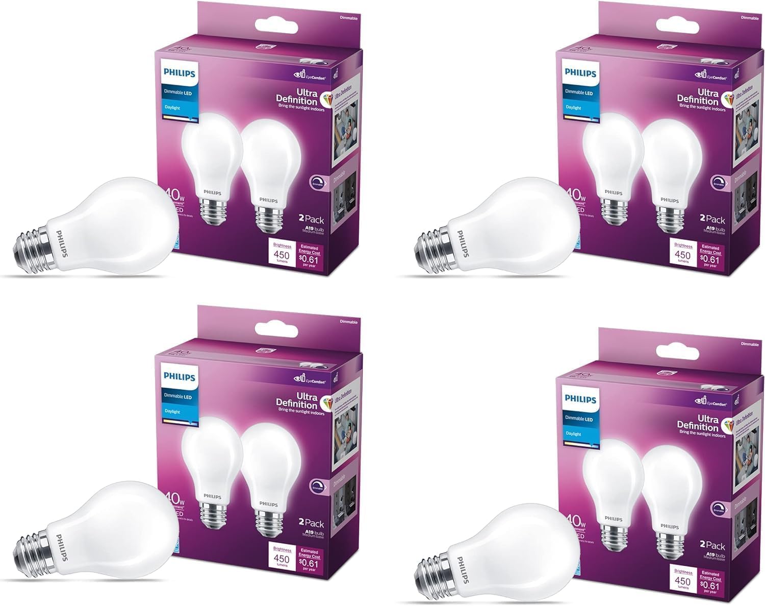 Philips Led A19 Frosted Ultra Definition Dimmable Led Light Bulbs - Flicker-Free 60W Light Bulbs With Eyecomfort Technology -Day