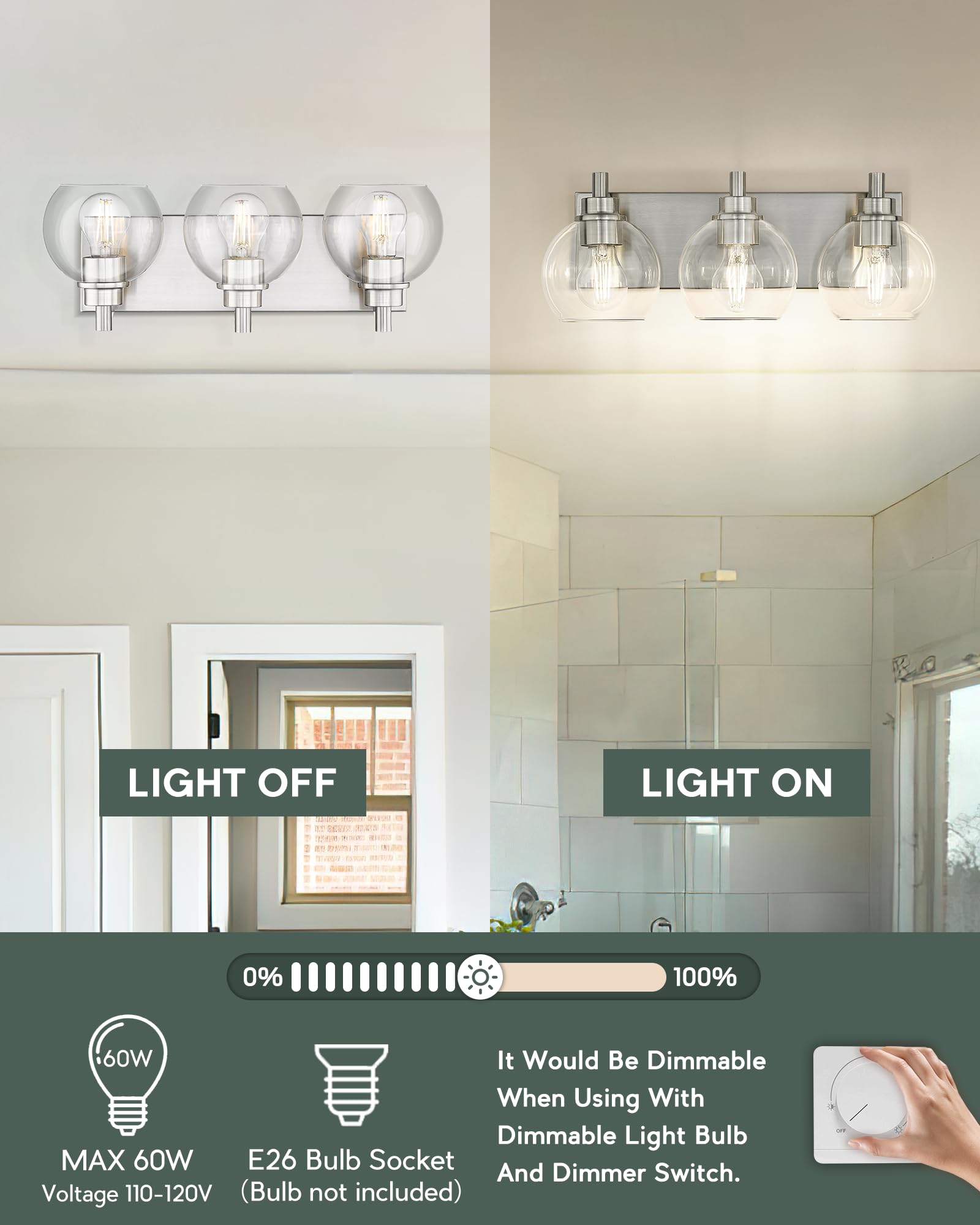 Metwet Bathroom Light Fixtures, 3-Light Brushed Nickel Vanity Light, Modern Wall Sconces With Globe Clear Glass Shade, Vanity Li