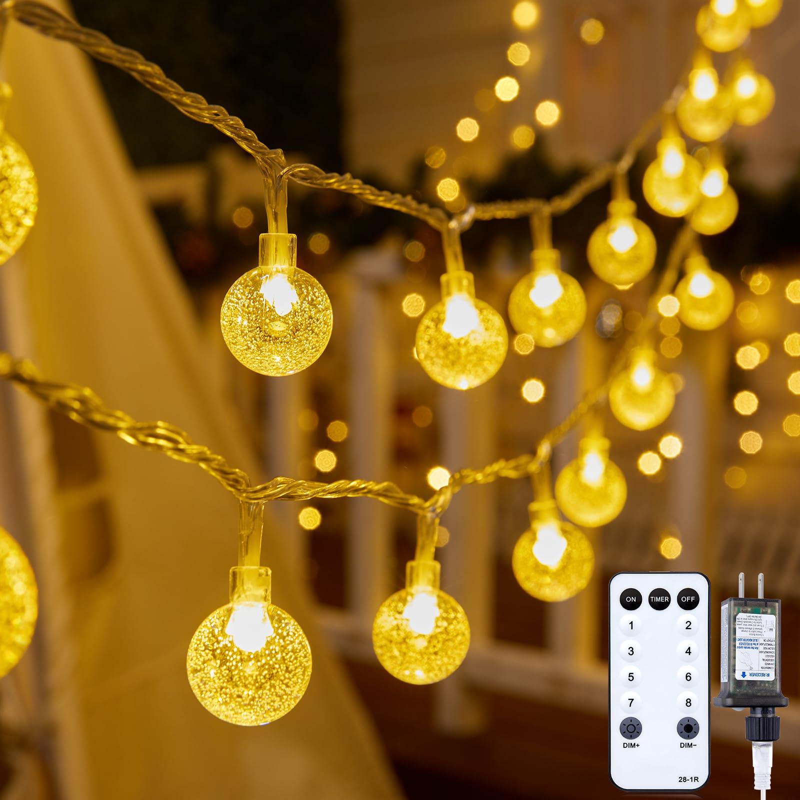 Minetom Crystal Globe String Lights - 66 ft, 200 LEDs, Waterproof, Warm White, Remote & Timer, Perfect for Decor