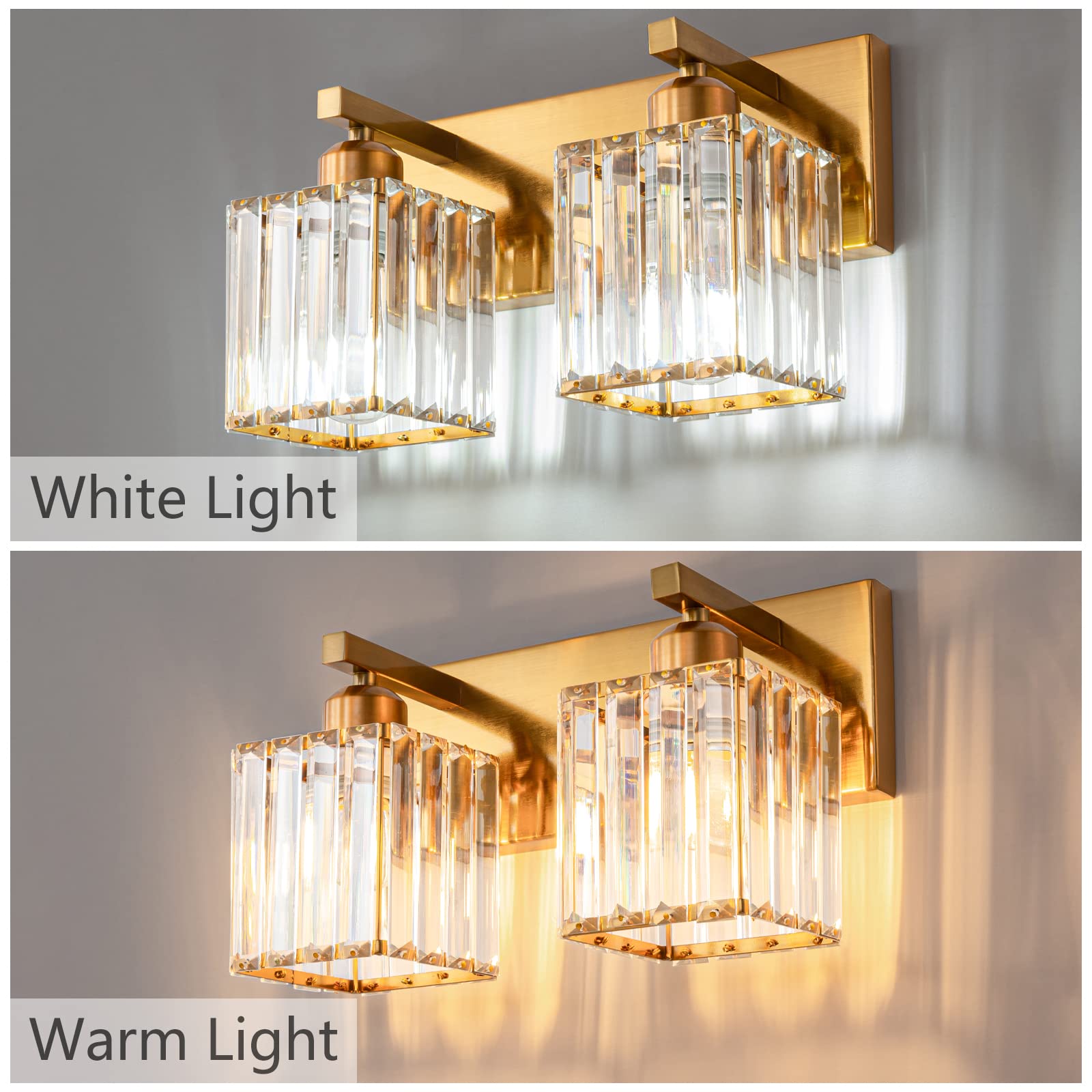 FDPBY 2-Light Wall Light - Modern Gold Brushed Brass Crystal for Bathroom Vanity, Model JW-002