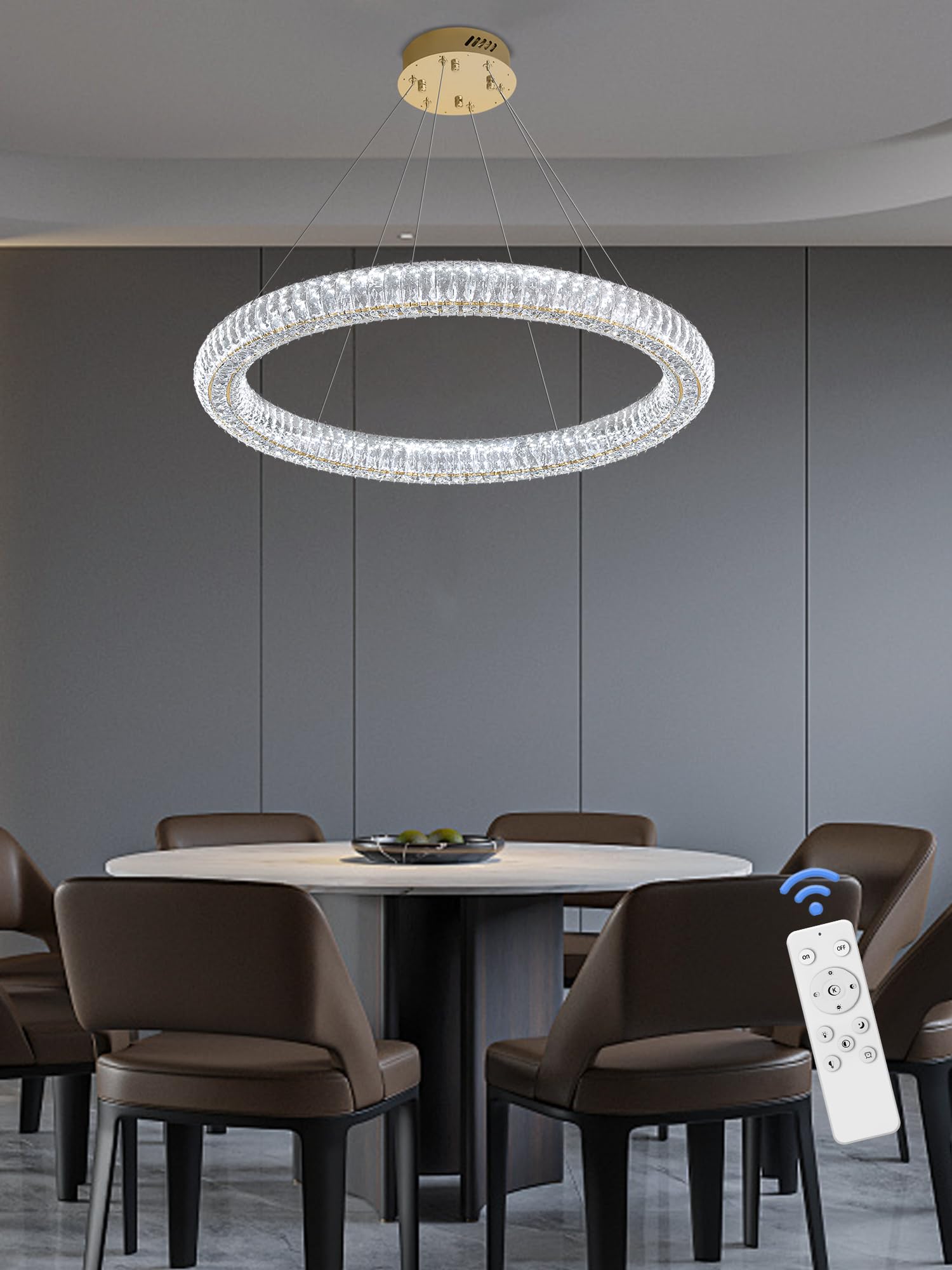 IDEQUY Modern Gold Round Crystal Chandelier, Dimmable LED, 31.5" Pendant Light for Dining Room, Model CF8022-80J