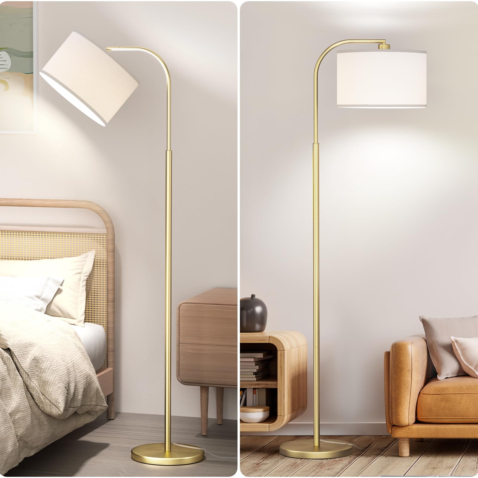 Cnxin Arc Floor Lamps For Living Room With 3 Color Temperatures, Modern Floor Lamp Reading Light With 9W Bulb Included, Standing Lamp With Adjustable White Hanging ?Lampshade For Bedroom Office(Gold)