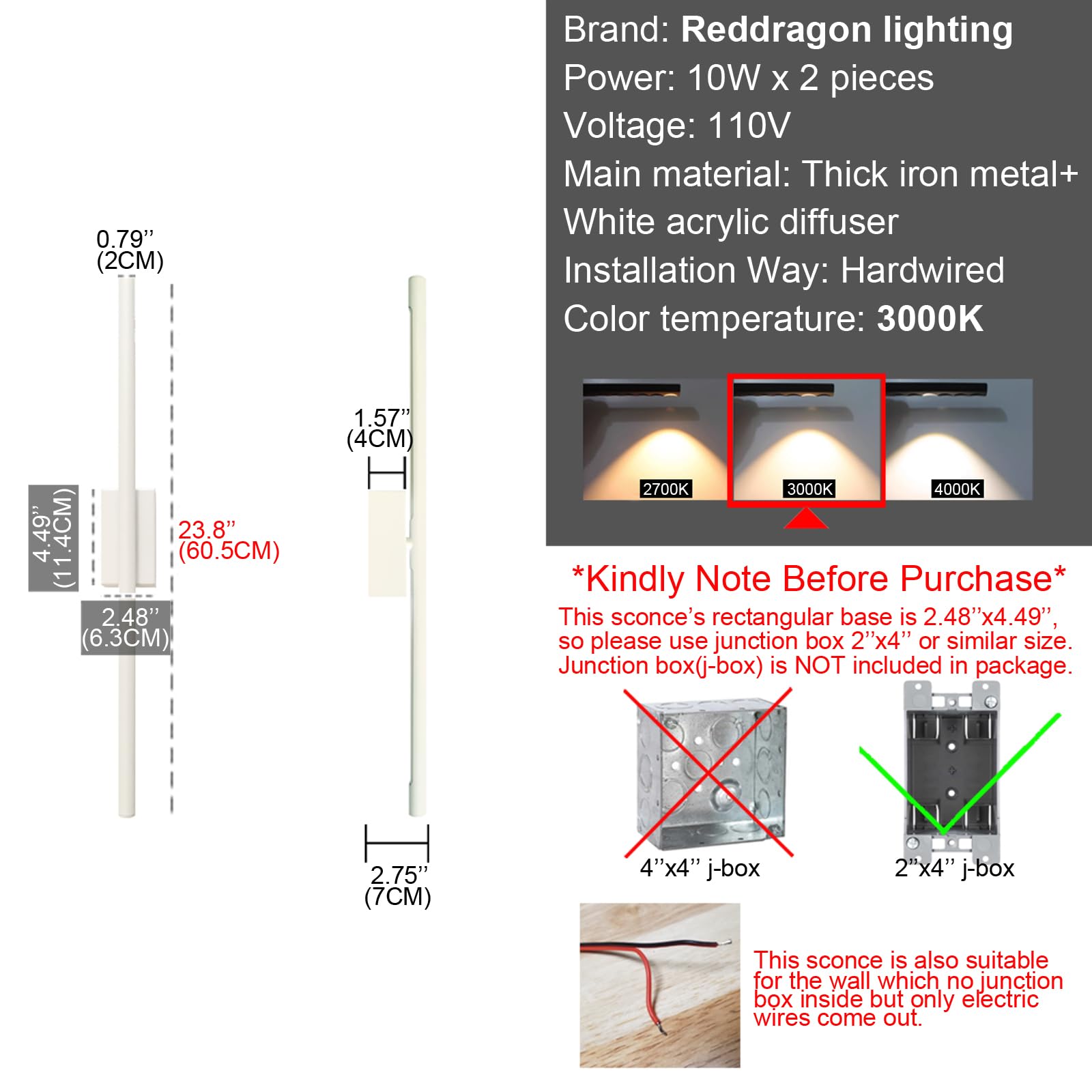 Reddragon lighting Set of 2 Hardwired Slim Long White Wall Sconces Narrow Minimalist Linear Vanity Wall Lights for Bathroom Bedr