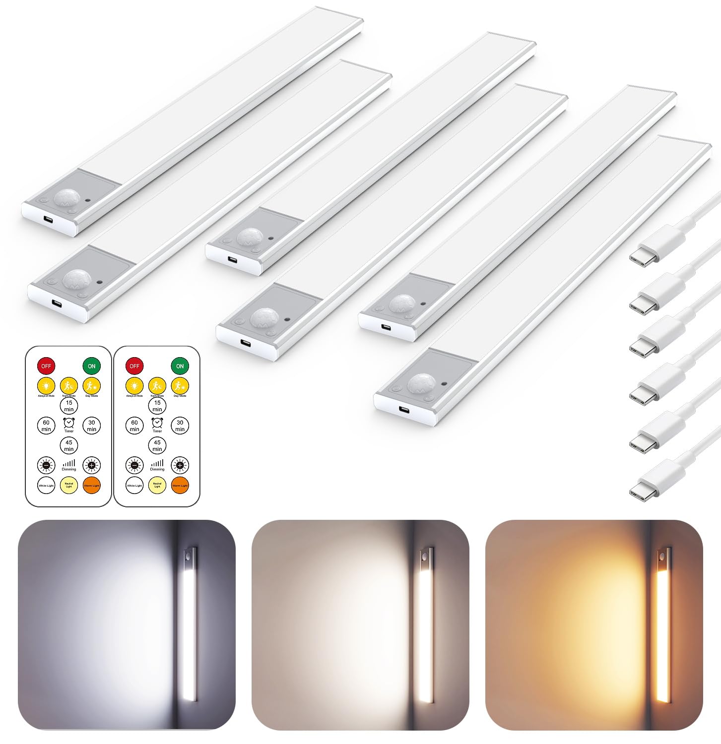 56LED Under Cabinet Lighting Wireless, 12'' Motion Sensor Light Indoor Rechargeable Under Cabinet Lights, Magnetic Closet Lights Battery Operated, Under Counter Lights for Kitchen (6Pack, Silver)