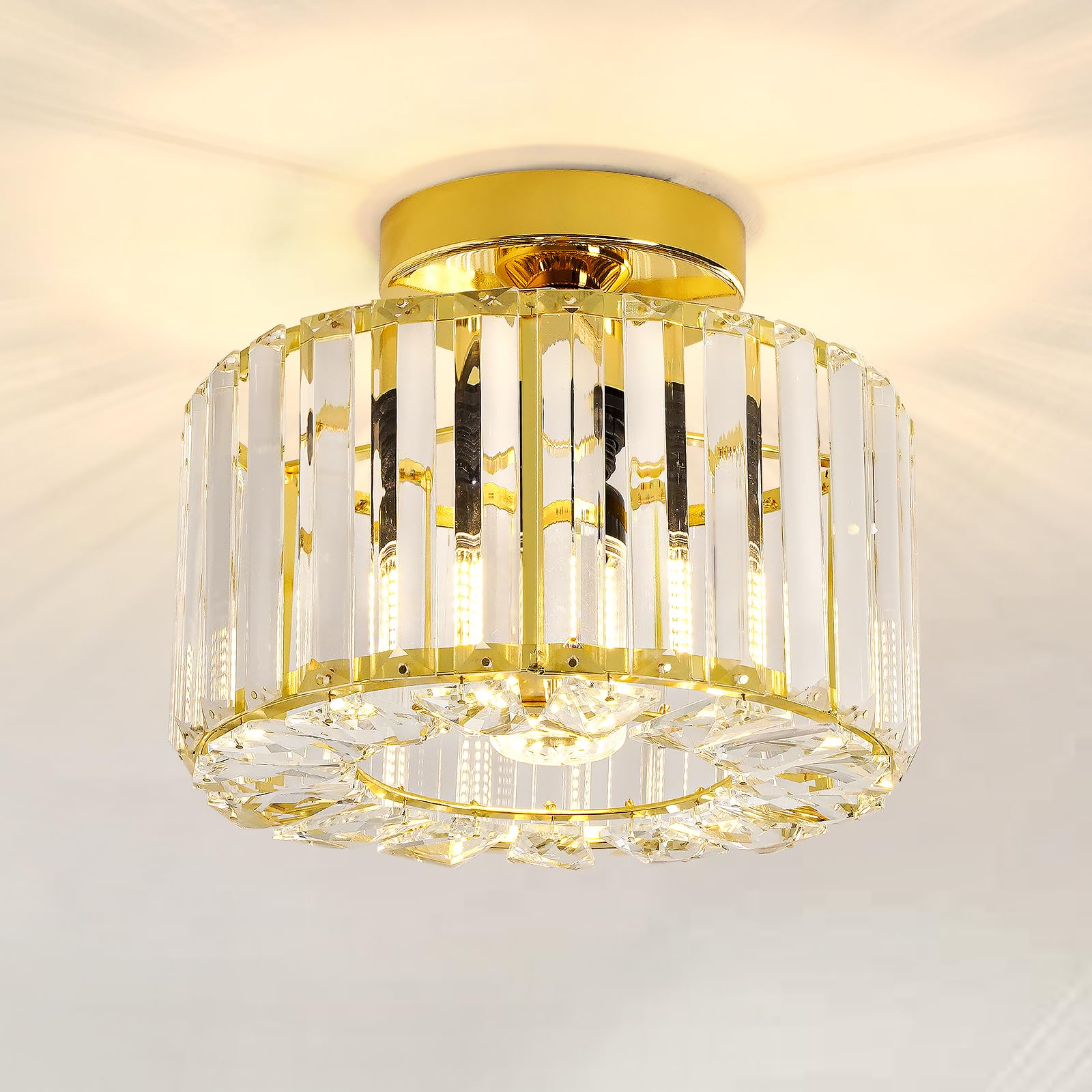 FRIDEKO HOME Semi Flush Mount Ceiling Light - Hallway Light Fixtures Ceiling Crystal Chandelier Gold Bedroom Chandelier for Entr