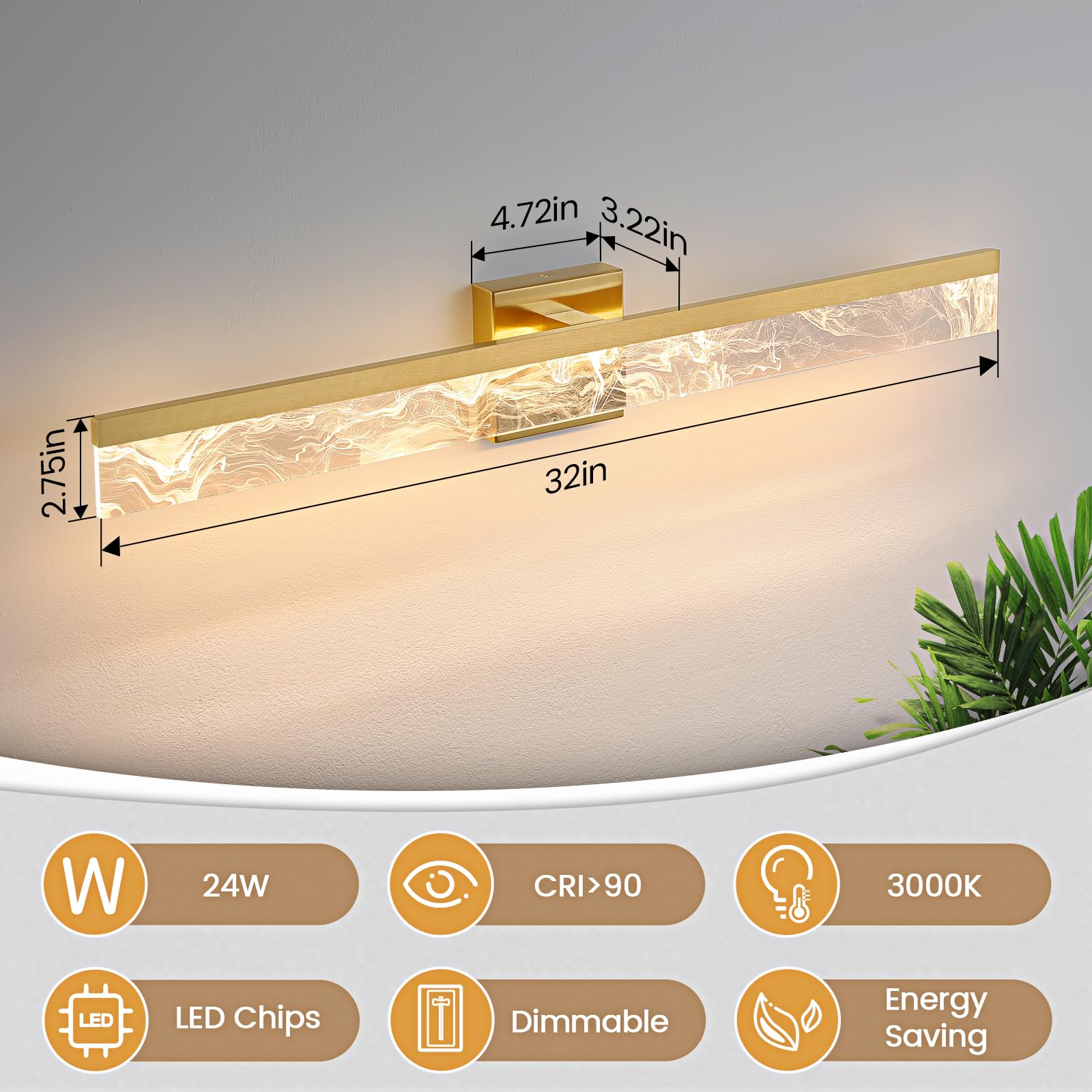 AIJIASI 32 Inch Gold LED Vanity Light Bar, Dimmable Acrylic Bathroom Lighting Fixture, Model 8205WL-32GD-US, Over Mirror 3000K