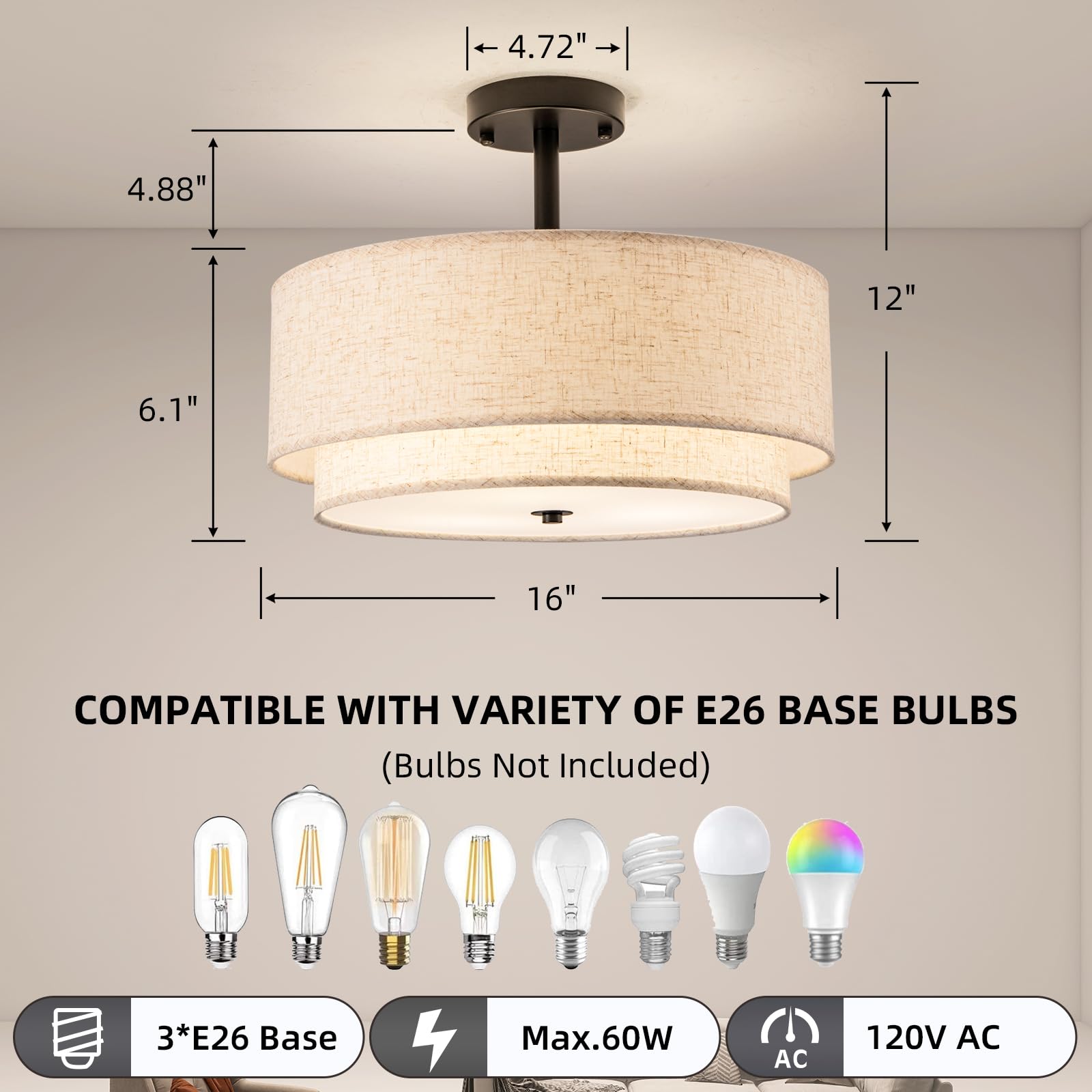 Aufrichting Drum Semi Flush Mount Ceiling Light, 16 Inch 3 Lights Ceiling Light Fixture With 2-Layer Fabric Shade, Black Farmhou