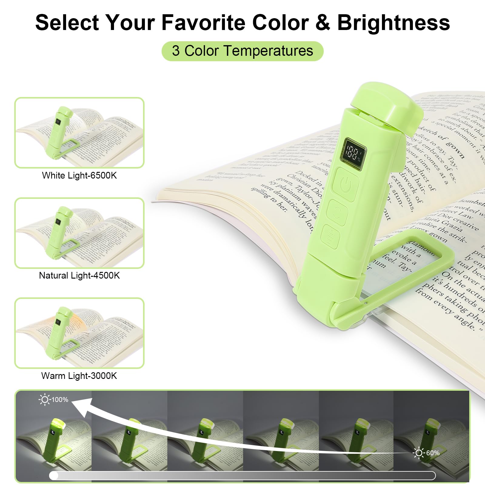 Bsdgeclogy 24 LED Rechargeable Book Light - Eye-Caring, 3 Color Temperatures, Lightweight Clip-On, Green, Digital-Timer