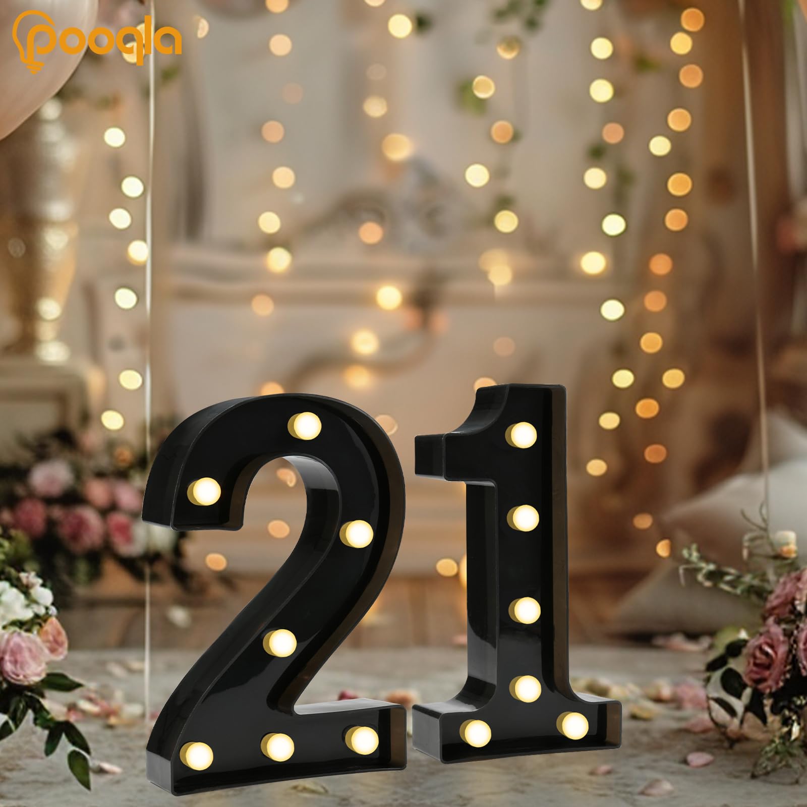 Pooqla Decorative Led Light Up Number Letters, Black Plastic Marquee Number Lights Sign For 21Th Birthday Party Wedding Decor Battery Operated Black Number 21
