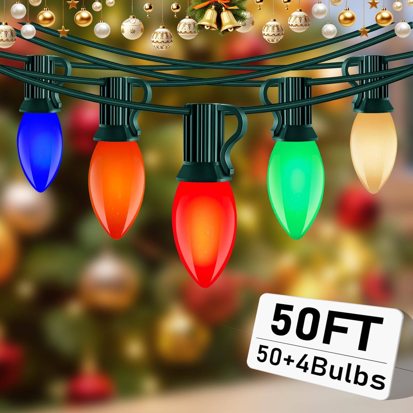 C9 LED Multicolor Christmas Lights  50FT Outdoor String Lights with 54 Ceramic Bulbs (4 Spare)  Waterproof Retro Christmas Lights Decor for Xmas Tree  Roof  Porch  Backyard  Indoor Outdoor Party