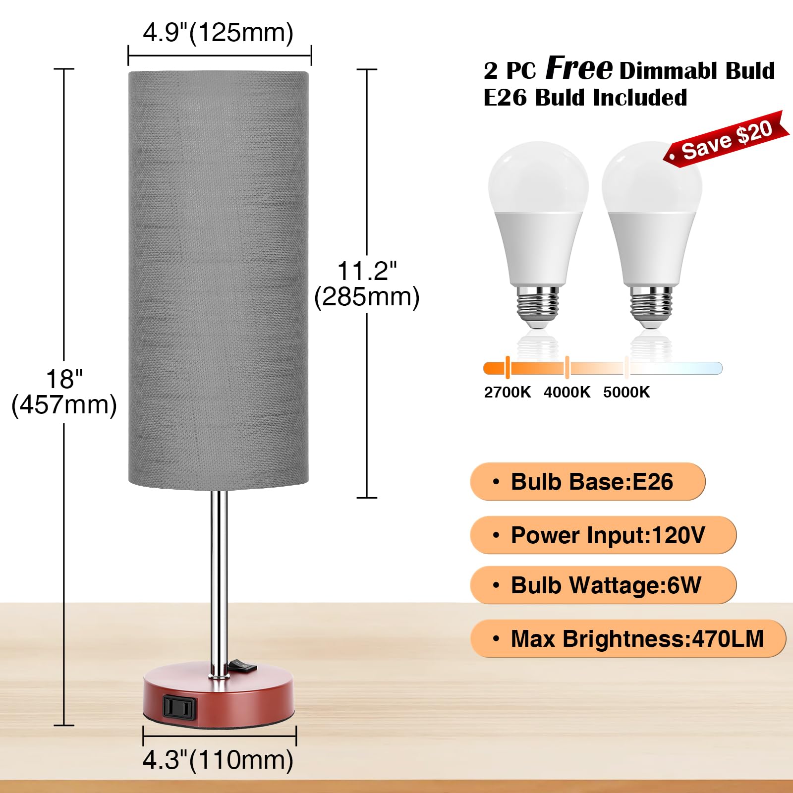 Zjojo Table Lamp For Bedroom 2 Pack,18In Bedside Lamps With 3 Way Dimmable Rocker Switch & Ac Outlet,Nightstand Desk Lamp With G