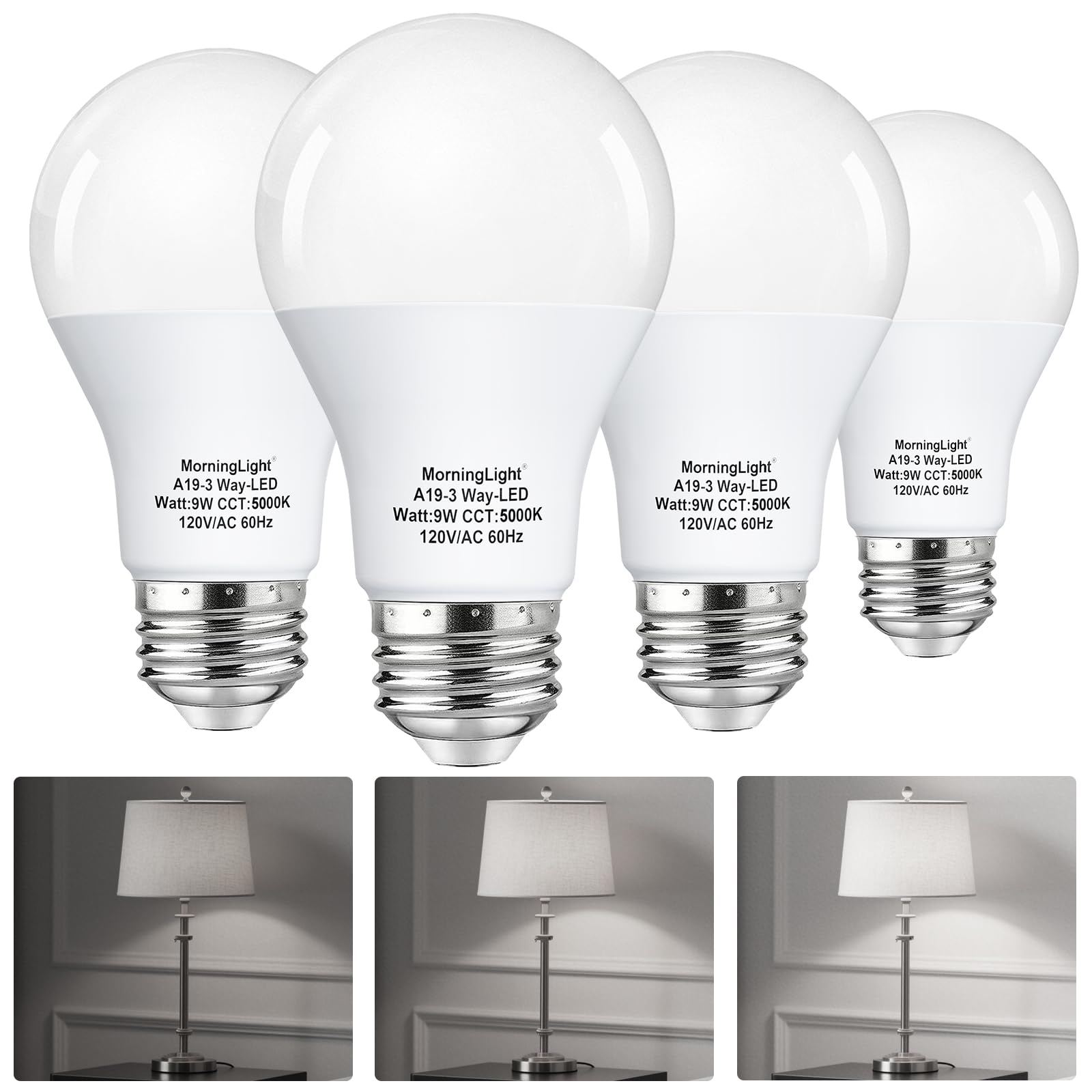Morninglight A19 3-Way Led Light Bulbs 15 40 60Watt Equivalent, Daylight 5000K, E26 Medium Base, 9W A19 Three Way Light Bulbs Fo