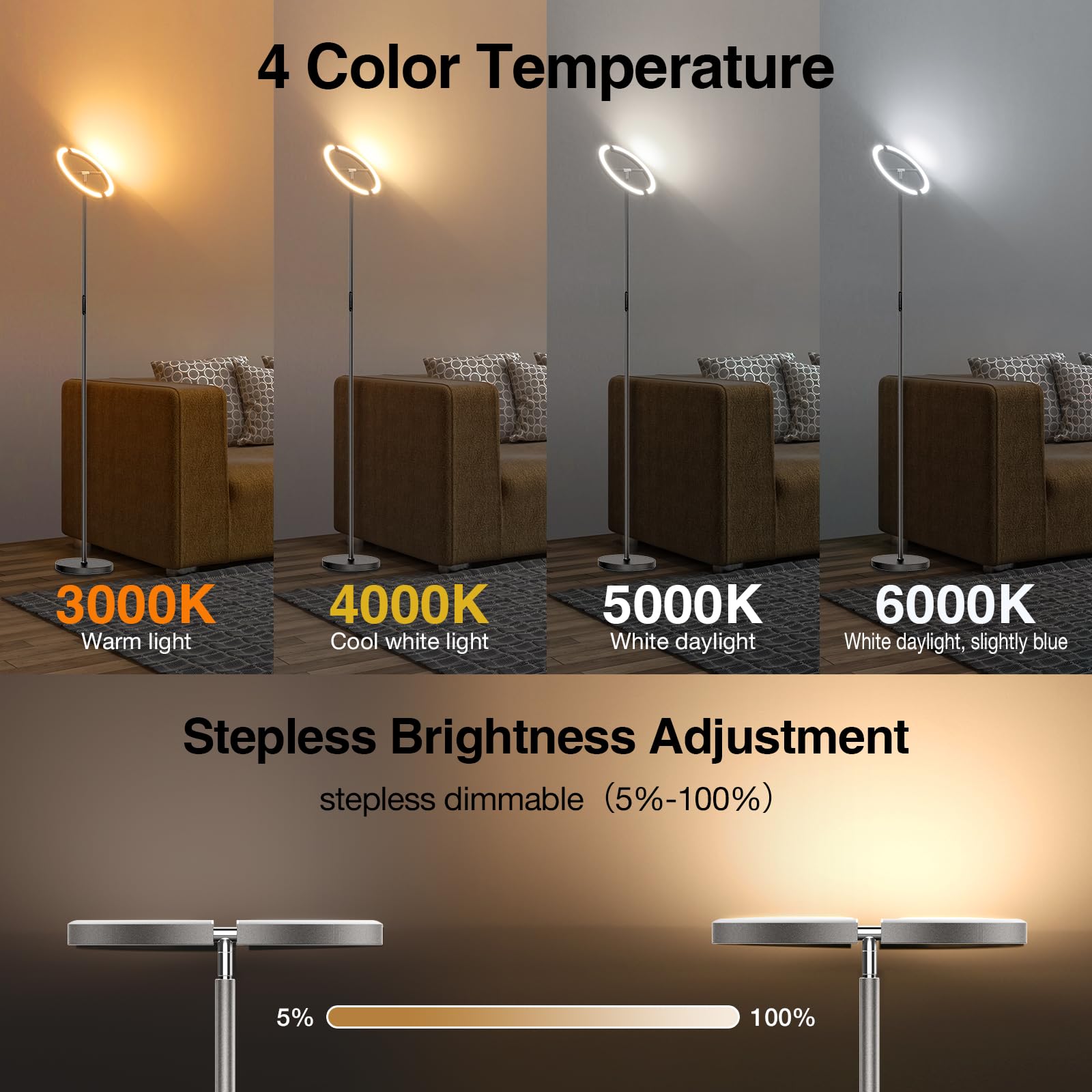 Sibrille Gunmetal Gray Led Floor Lamp - Rotatable Standing Lamp For Living Room Bedroom, 22W Dimmable Floor Readig Light With To