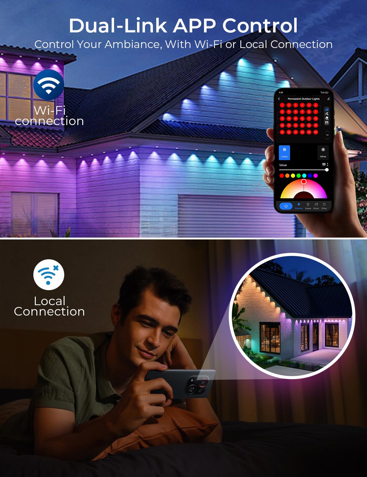 CINOTON 100ft Smart RGBCW Permanent Outdoor Lights, 60 LEDs, IP67 Waterproof, Model C5107-B, Perfect for Festivals and Holidays