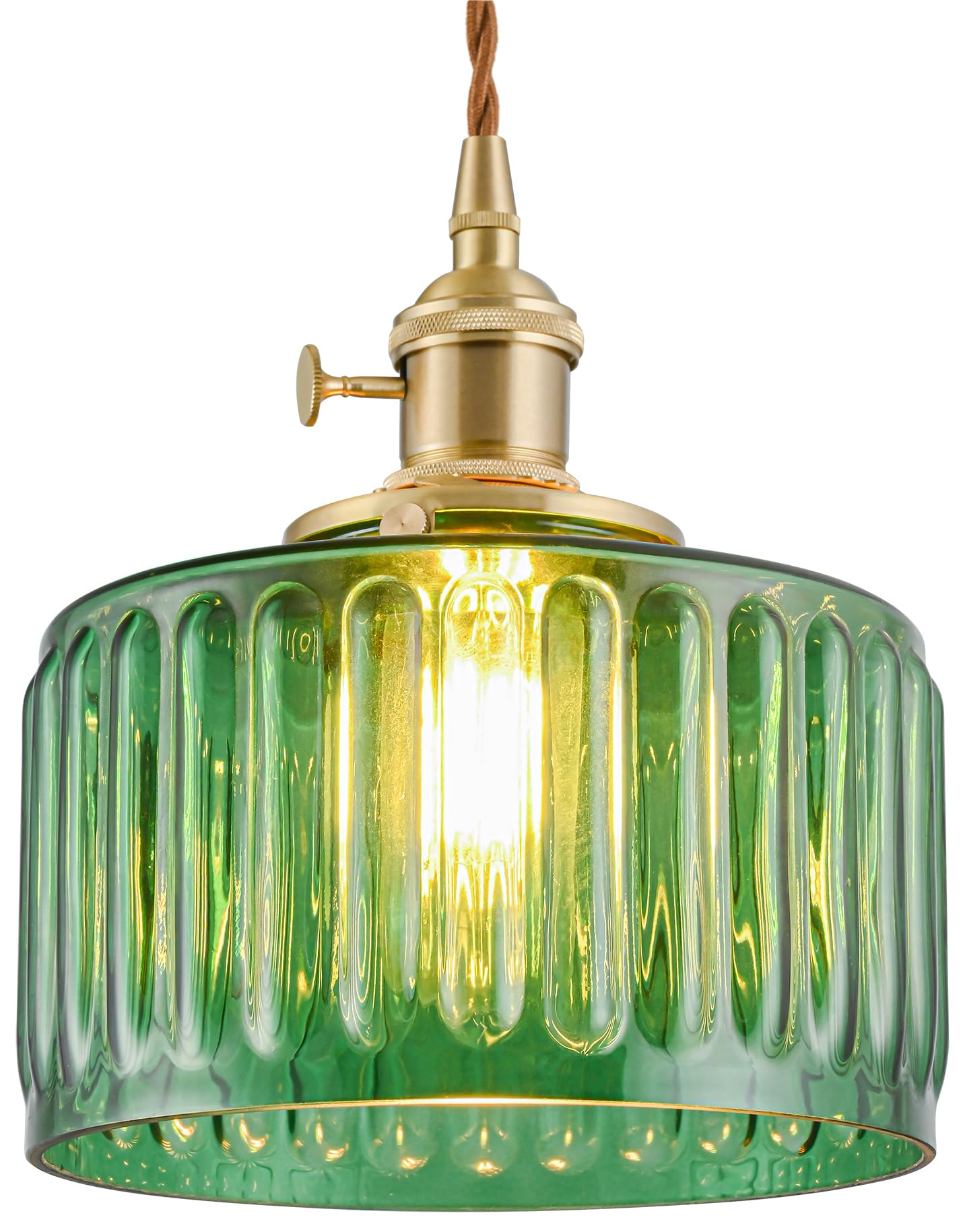 iYoee Vintage Pendant Lights for Kitchen Island Green Banded Glass Pendant Lighting Bedroom Brass Pendant Light Farmhouse Hanging Light fixtures with Glass Shade for Dining Room Bedroom