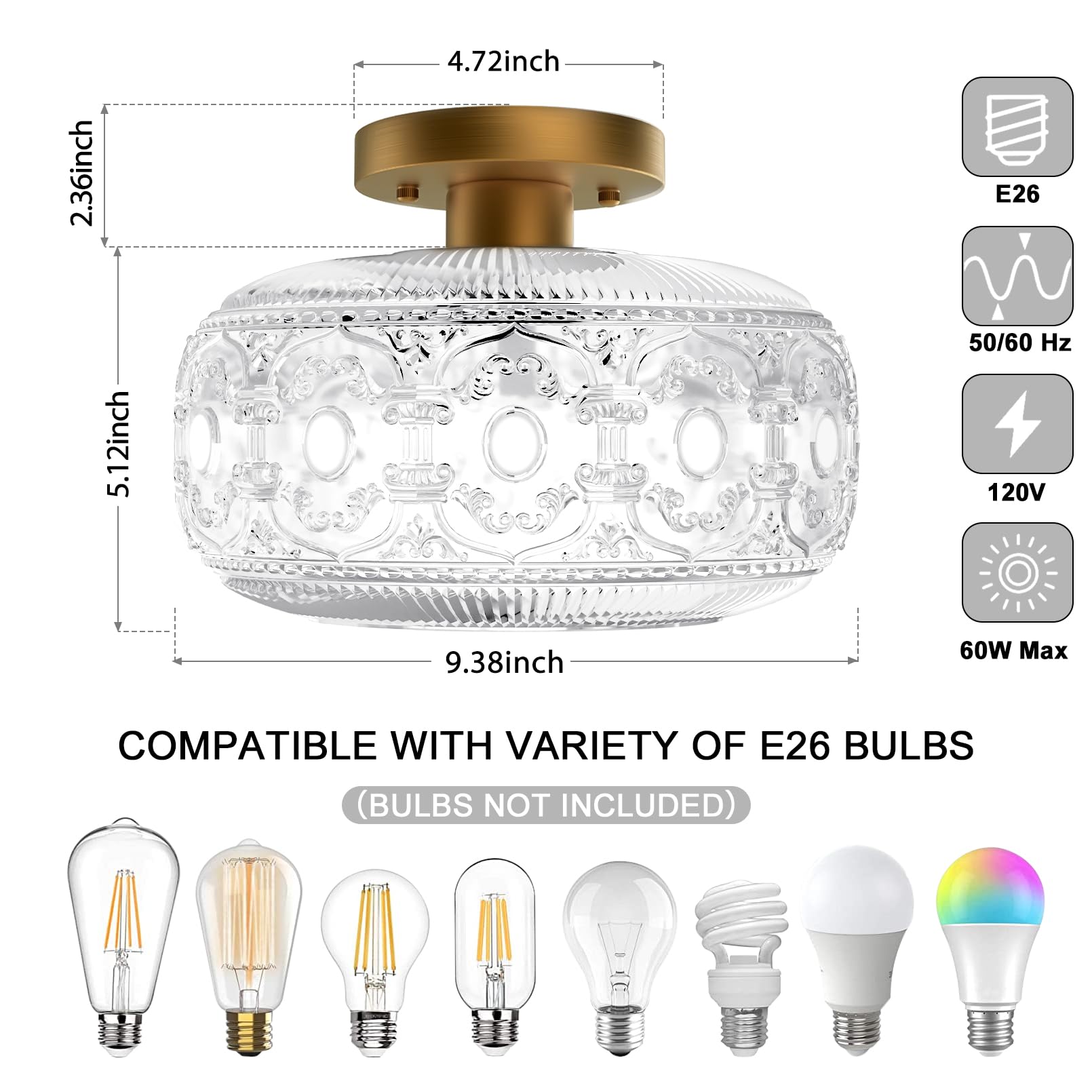 Oykyohei Gold Vintage Semi Flush Mount Ceiling Light, Globe Glass Fixture For Hallway & Bedroom