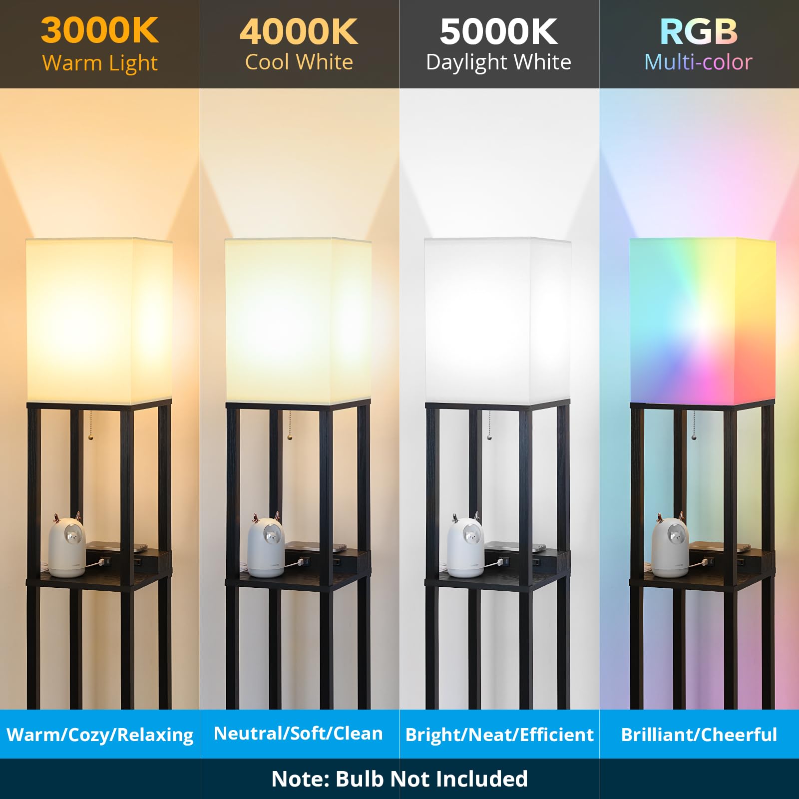 Mlambert Modern LED Floor Lamp with Wireless Charger, 2 USB Ports & 2 Outlets, 3-Tier Storage, Black, Model A-092