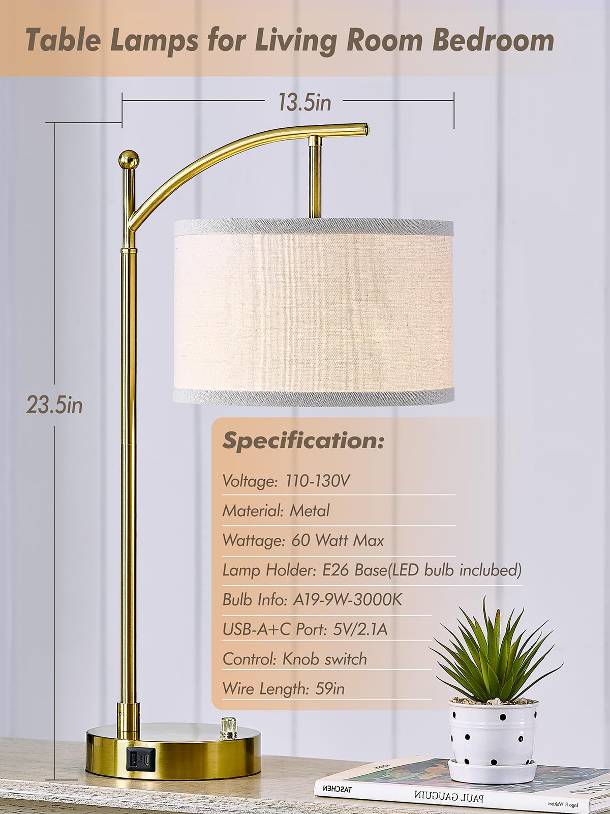 Hikczc Table Lamp Set of 2, 23.5in Gold with USB C+A Ports, Dimmable LED Bulbs Included, Iron Material, Model 2T-8101