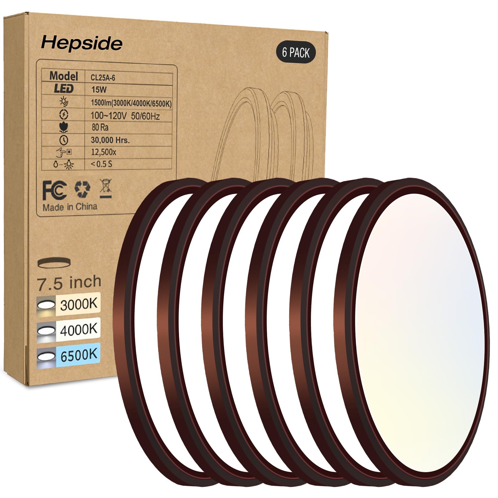hepside 6PACK LED Flush Mount Ceiling Light 15W 1500Lm 3CCT 3000K-4000K-6500K Oil-Rubbed Bronze 7