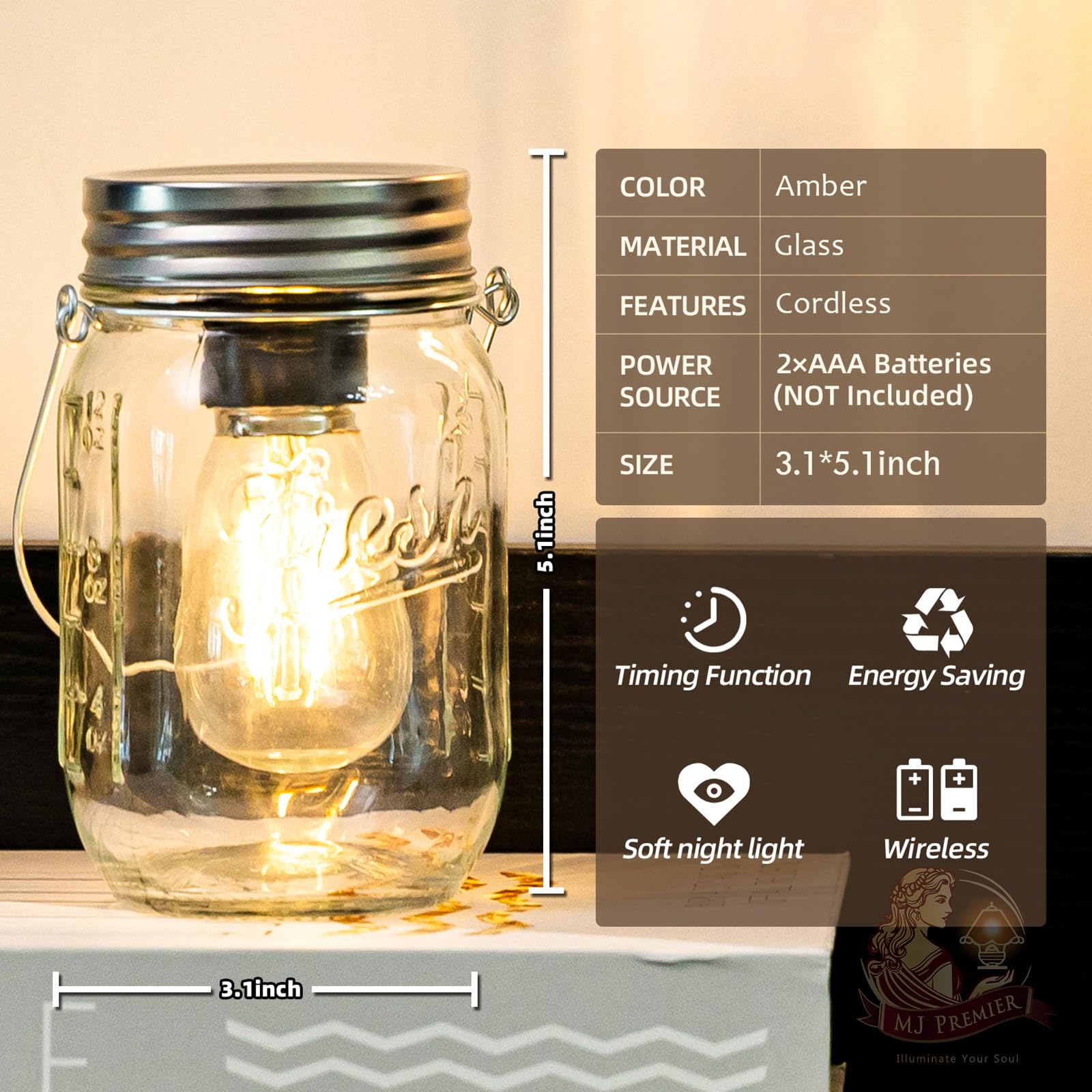 MJ PREMIER LED Mason Jar Lights, Battery Operated, Transparent, With Timer, 2-Pack Garden Lanterns for Patio and Backyard