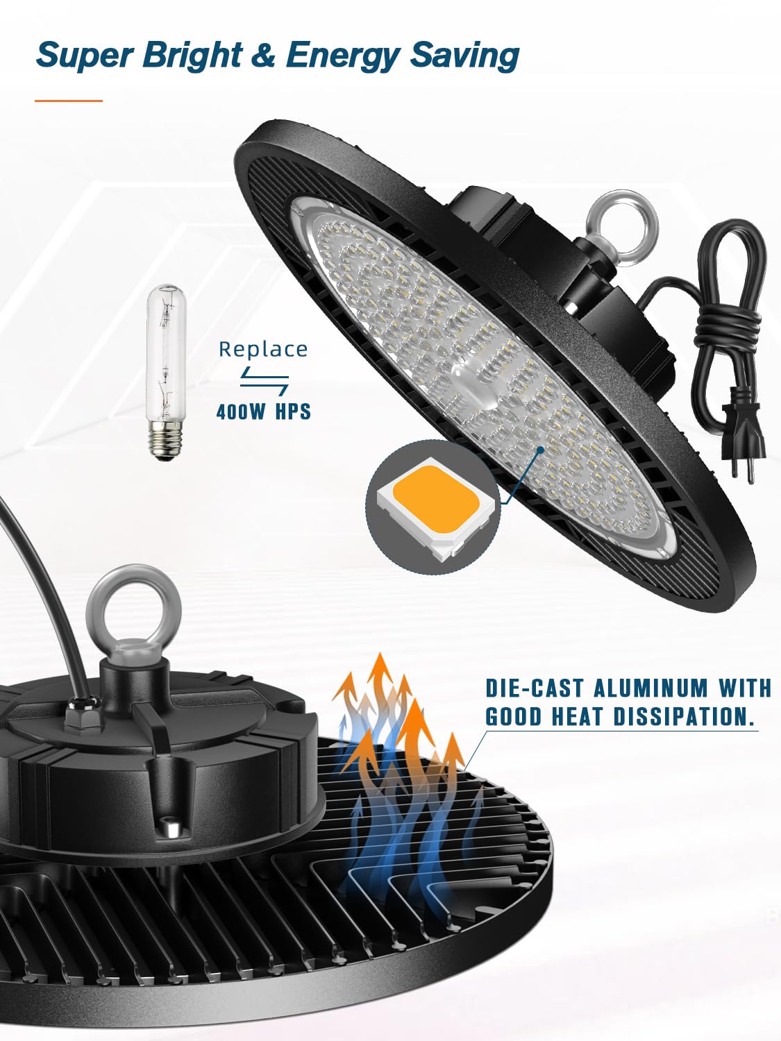 Elekico 150W 21000Lm 5000K Daylight Ip65 High Bay Light With Plug & 5Ft Cable - Ufo Led Lighting For Warehouse, Workshop, Factor