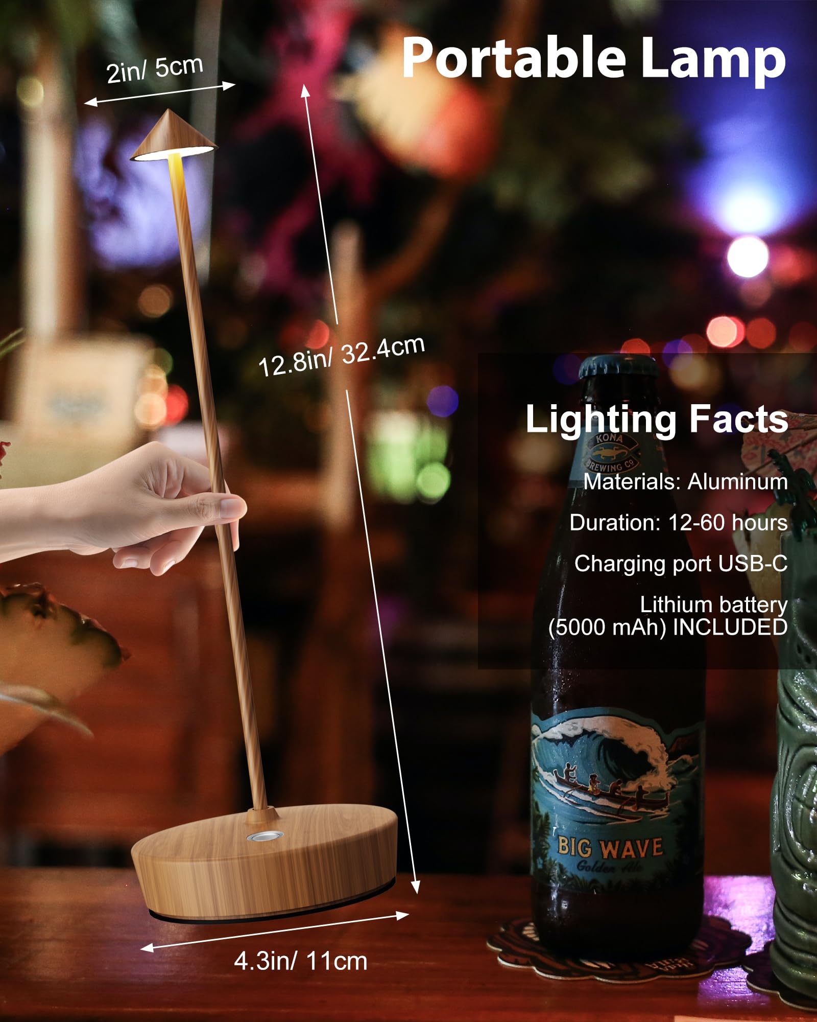 SHANGCAI Cordless LED Table Lamps, Waterproof, Touch Dimmable, 6000mAh Battery, 2 Pack Bamboo Wood, Model SC-2PX12-Wooden