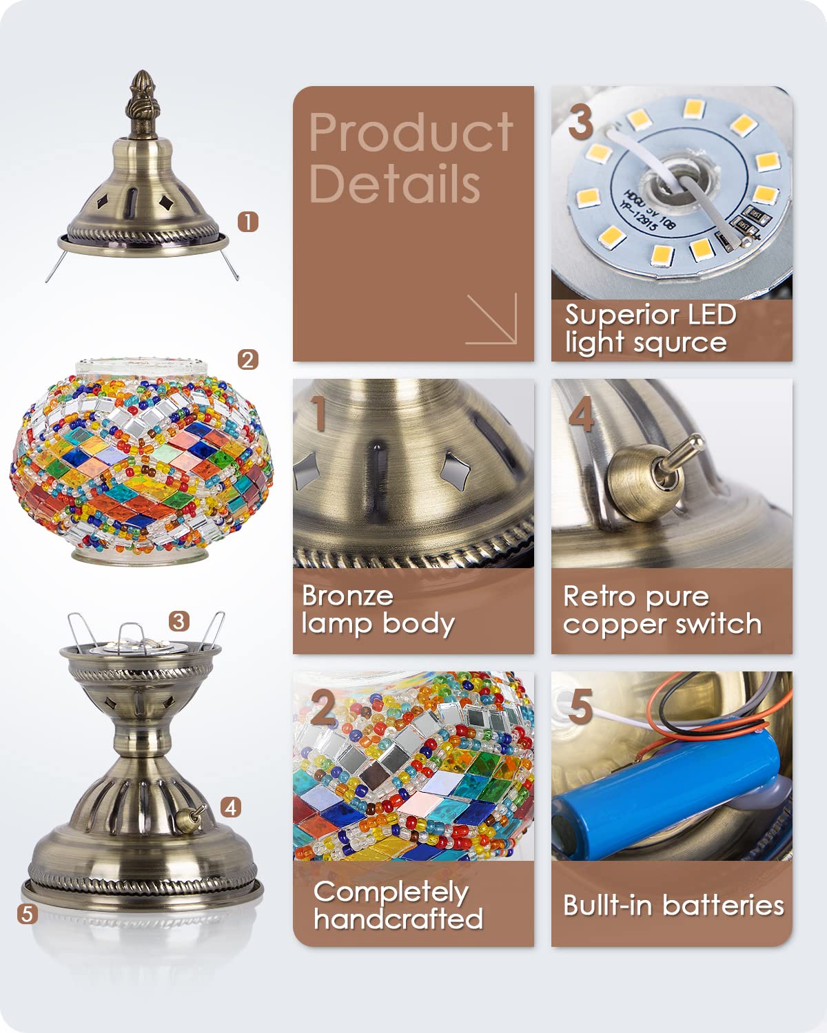 Yarra-Decor Turkish Moroccan Lamp - Handmade Mosaic Glass, Bronze Base, Rechargeable Led Bedside Light