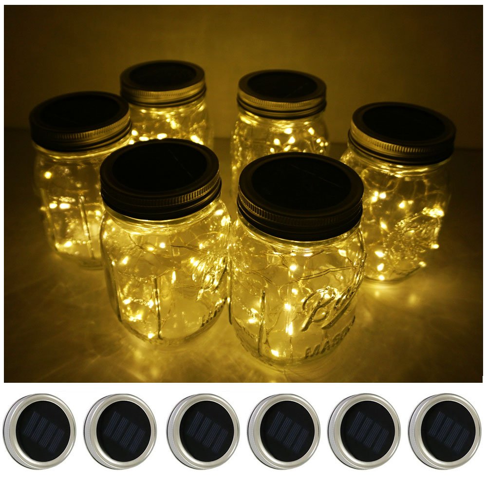 Decorman Solar Mason Jar Lid Lights, 6 Pack, 10 LED, Waterproof, Warm White, Model 748966263441, for Patio Garden Party Decoration