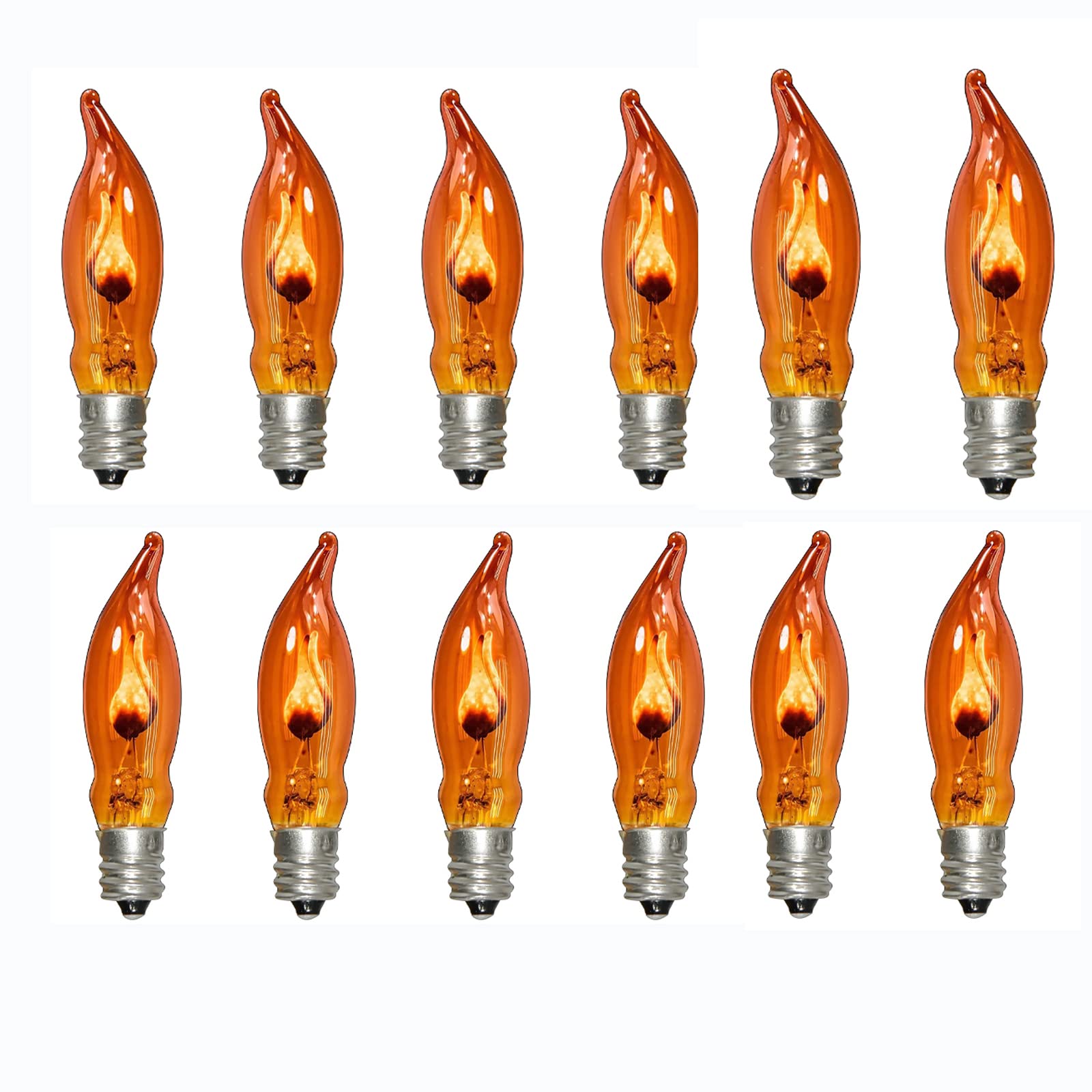 Abeja C18 Orange Flame Light Bulbs, 12 Pack Flicker Flame Shaped, Glass, E12 Base, Ideal for Halloween and Christmas Decor