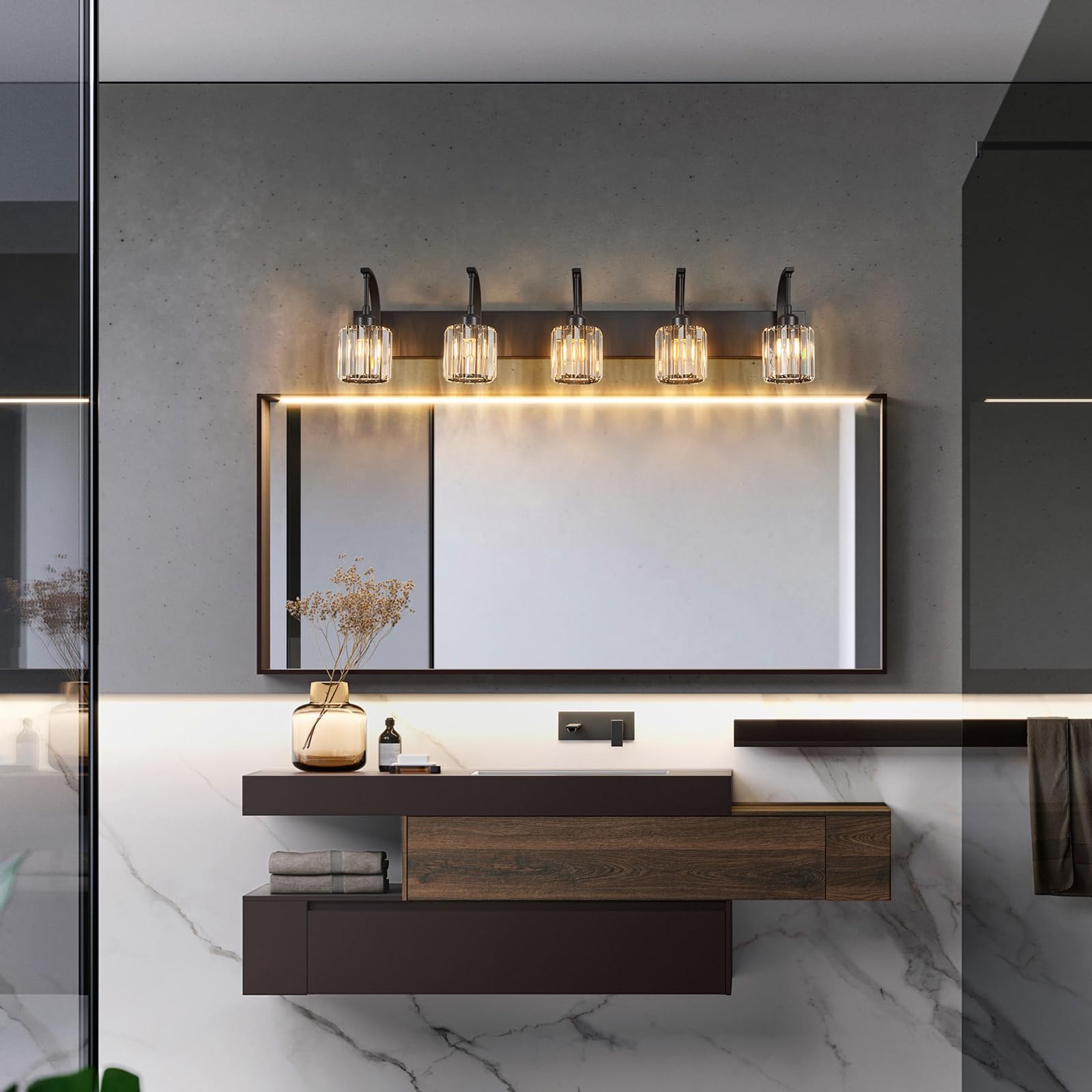Fdpby 5-Light Crystal Vanity Light  Modern Black Bathroom Wall Sconce With K9 Crystal Shades  42.51 Long Over Mirror Lighting For Vanity  Makeup  Hallway  Elegant & Easy Installation