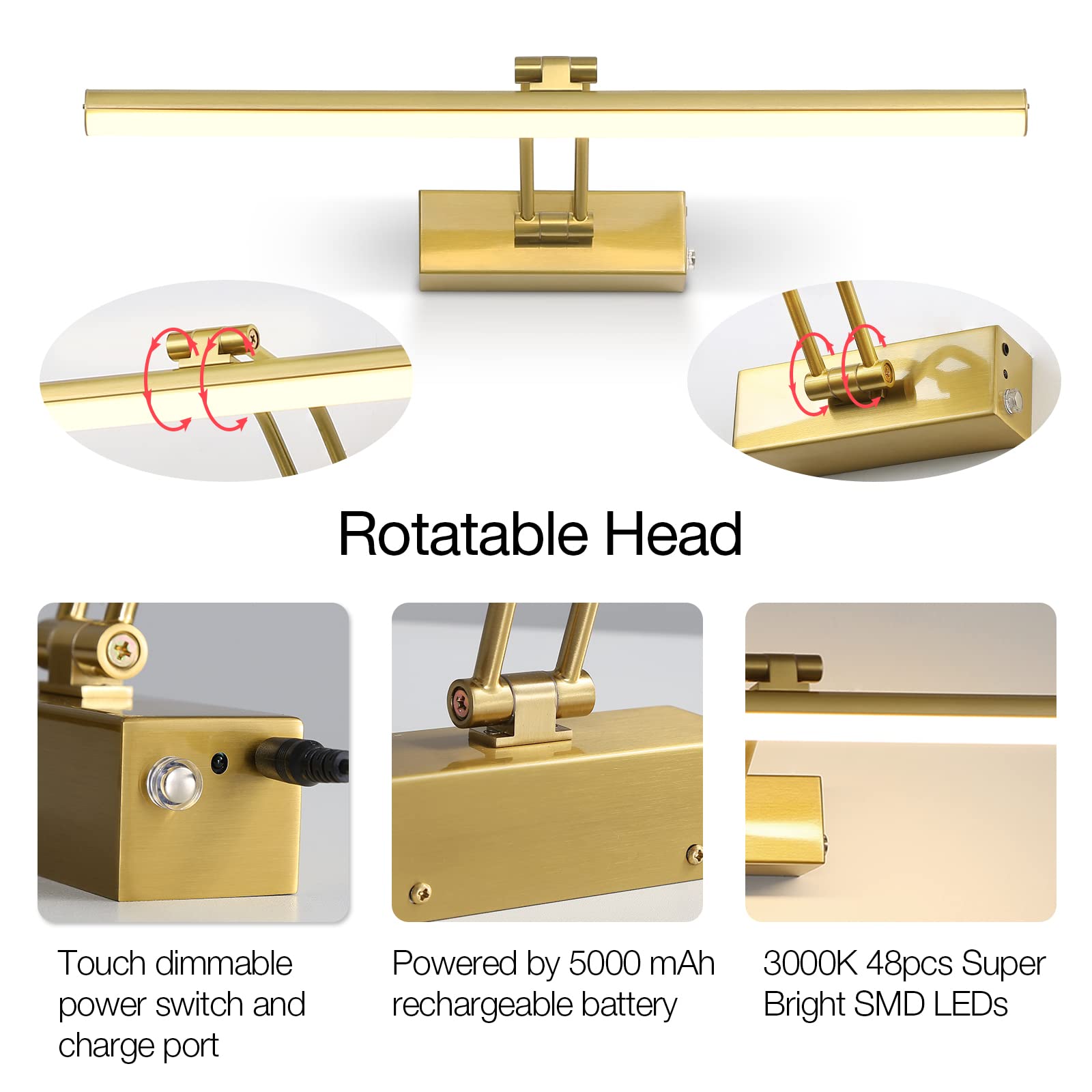Funchday Wireless Picture Light,5000Mah Battery Operated Picture Light With Remote, Art Light With Timer,16“ Full Metal Picture Frame Light For Paintings, Gallery,Wall (Brass)