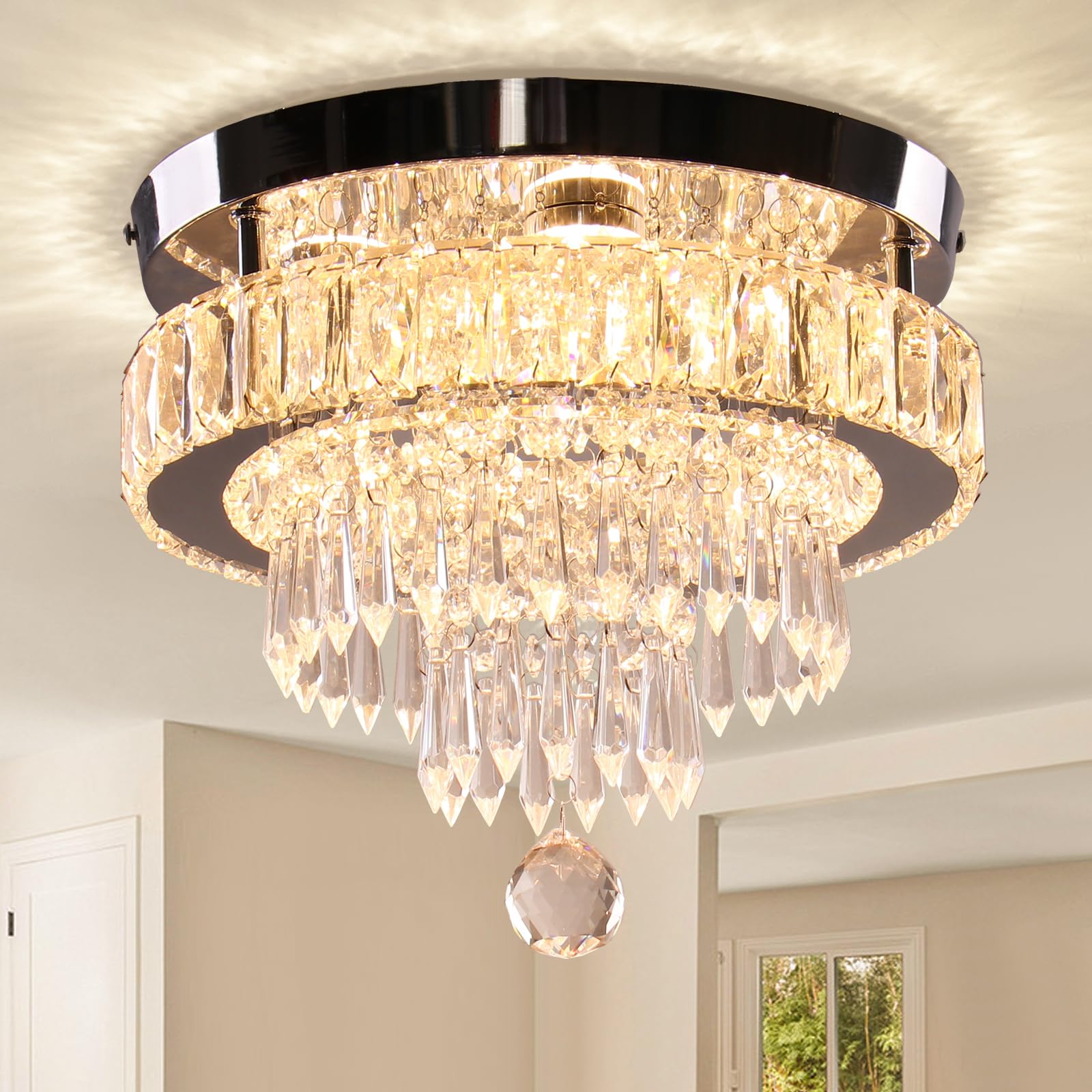 Finktonglan Dimmable Crystal Chandeliers, 13'' Square Crystal Ceiling Lighting with Remote Control, Modern Flush Mount Chandelie