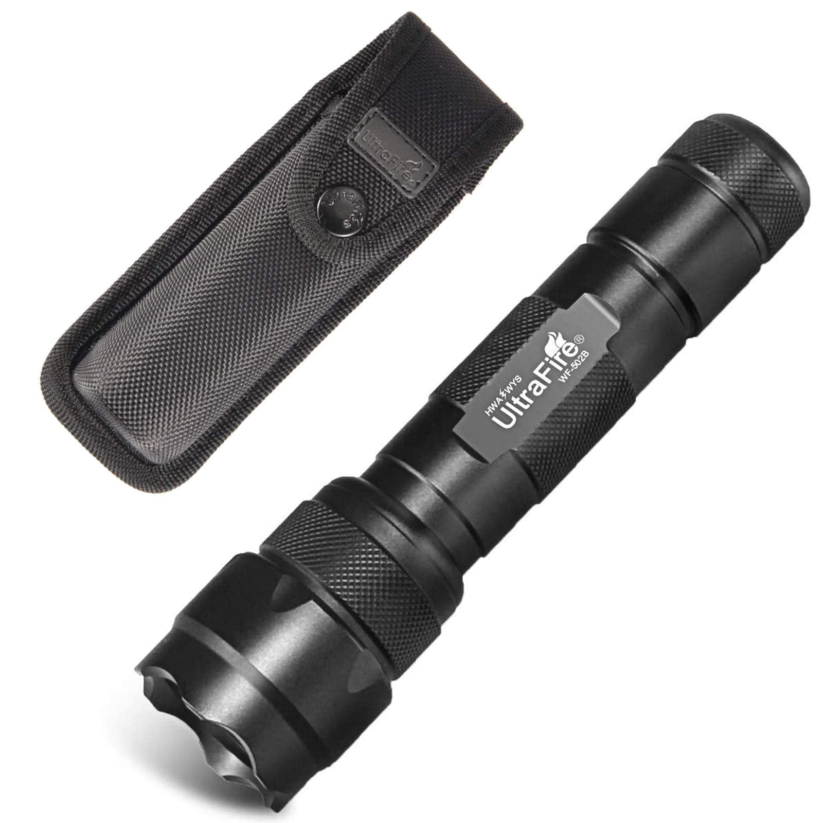 ULTRAFIRE WF-502B Tactical Flashlight - 1000 Lumens LED, Black Aluminum, Compact EDC with Holster