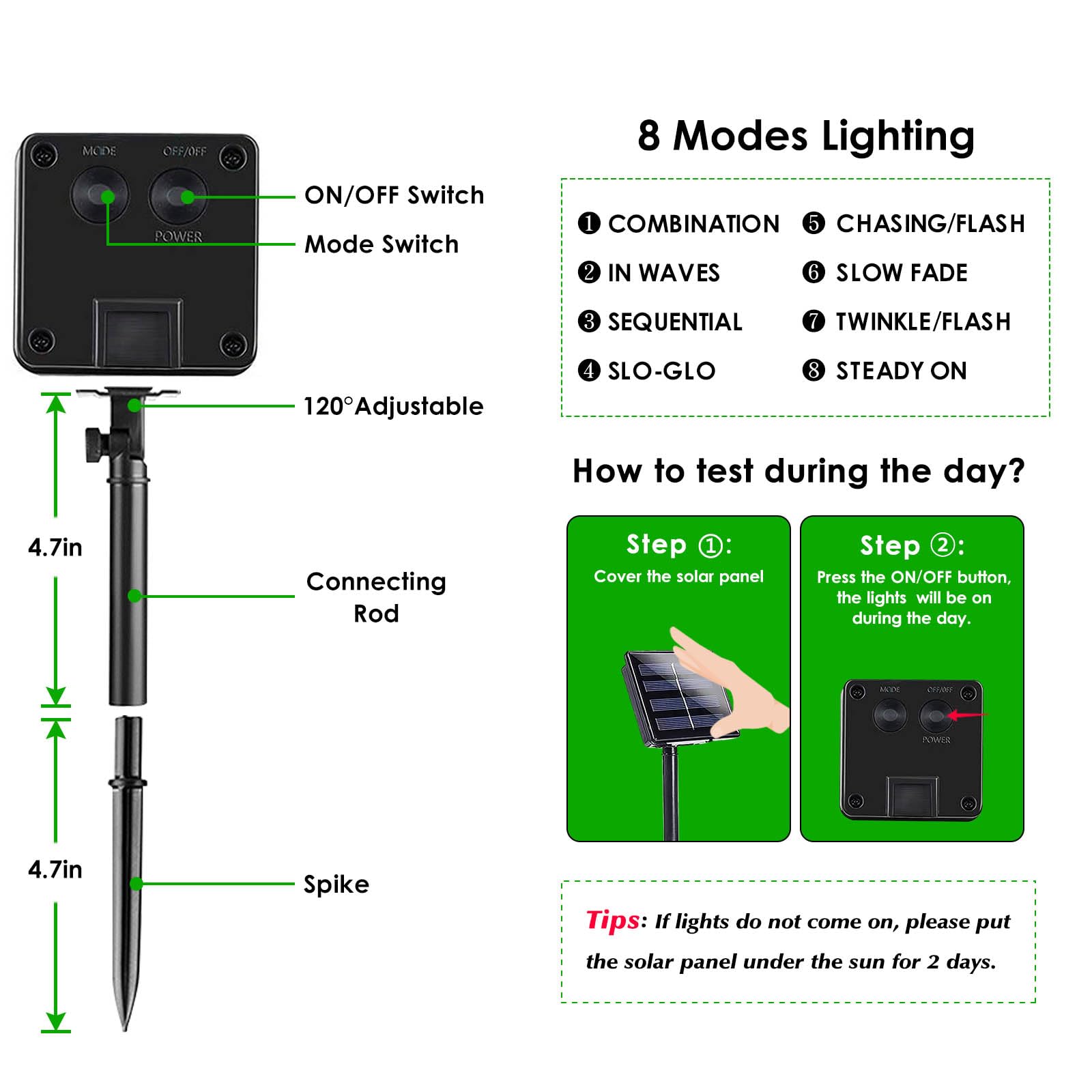EEW Solar Christmas Lights 200 LED Green Wire 2 Pack Waterproof 8 Lighting Modes Model CAIYUAN-100