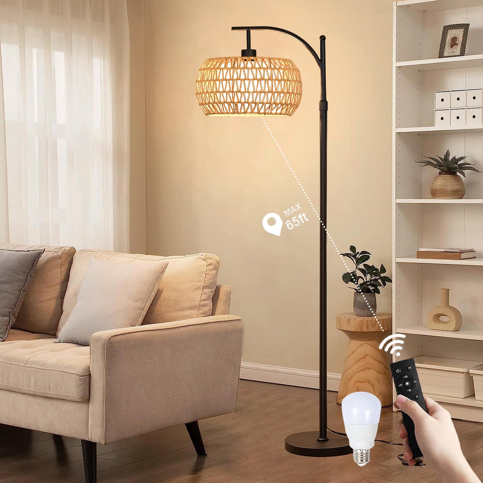Arc Floor Lamp For Living Room Rattan Boho Floor Lamp With Remote Control Dimmable Led Floor Lamps Wicker Lamp Shades Black Standing Lamp With 3 Color Temperature Tall Floor Lamps For Bedroom Corner