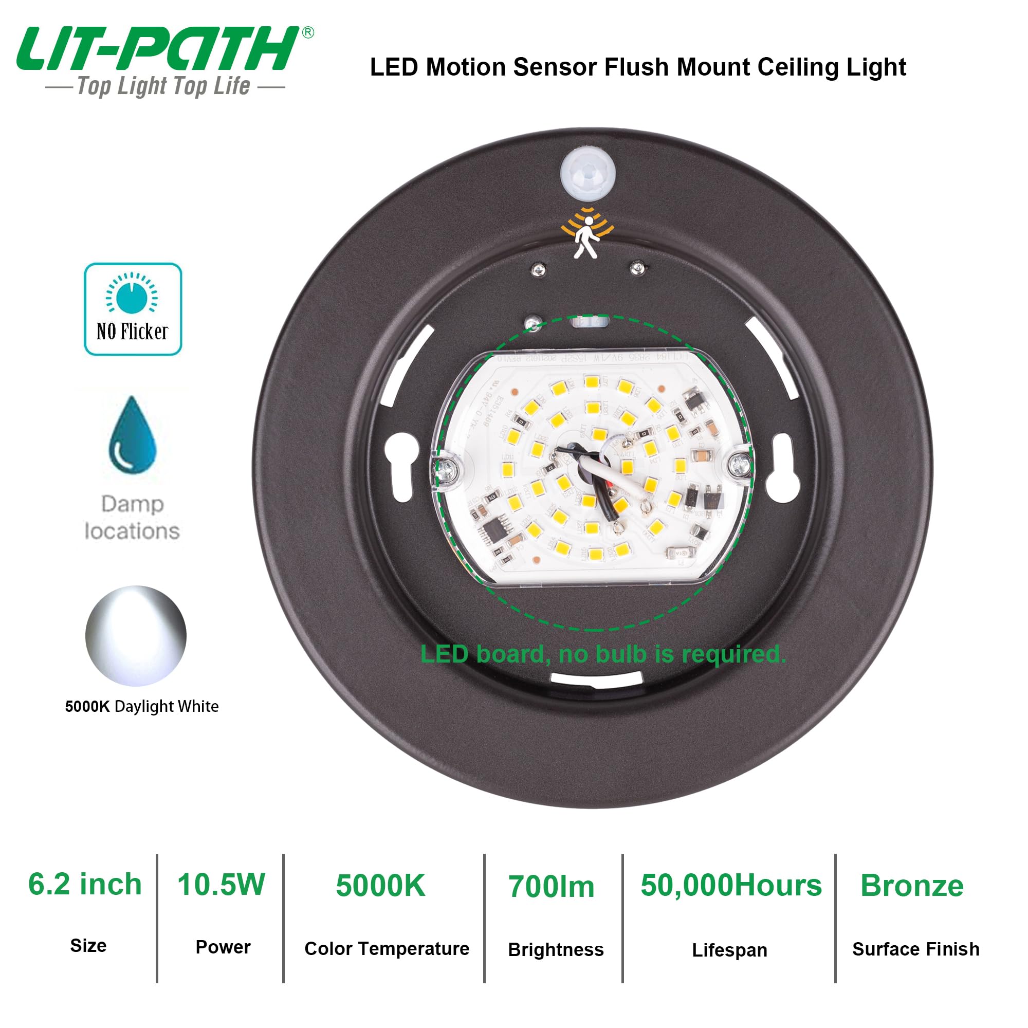 LIT-PaTH LED Flush Mount Ceiling Light with Motion Sensor, 10.5W, 700 Lumen, 2-Pack, Bronze Finish, Model LT-FMS00650K-BR