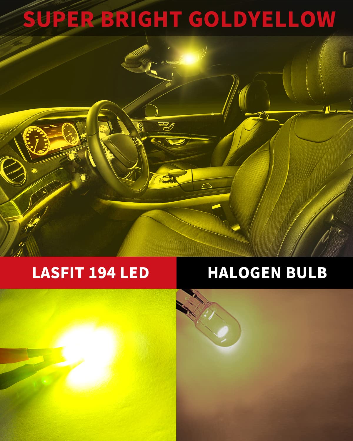 LASFIT 400 Lumens LED Bulb, T10 168 2825 W5W, Pack of 2, Yellow, Error Free for Car Interior Lighting