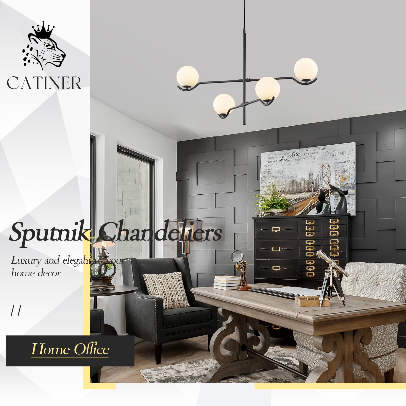 CATINER Black Sputnik Chandelier - Modern 4-Light Ceiling Pendant, Milk Glass Globe Shades, Large L31'', for High Ceilings