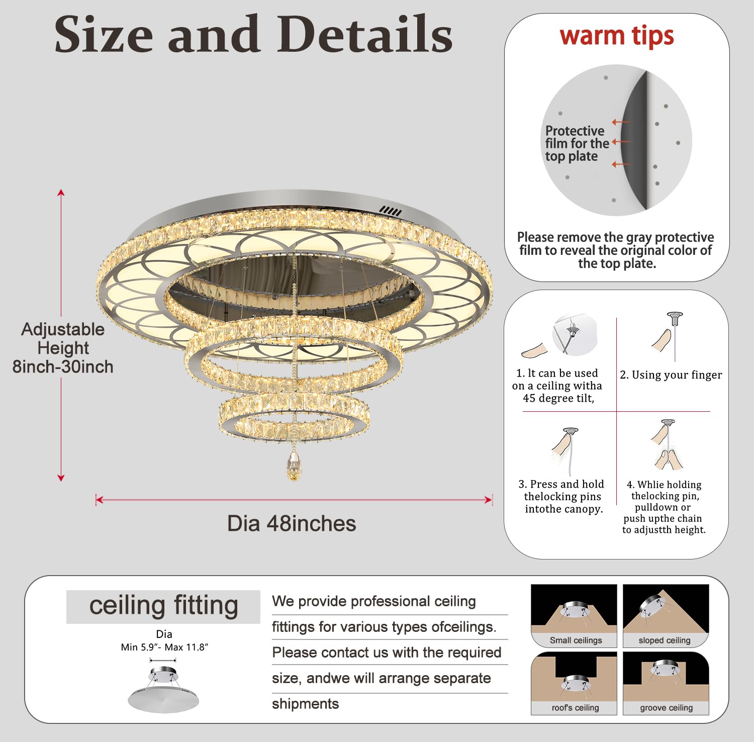 Flashing God 48" LED Chandelier - Silver Crystal Flush Mount Light for Living Room & Dining Room, Dimmable 2700K/4500K/6000K, Model MMQ