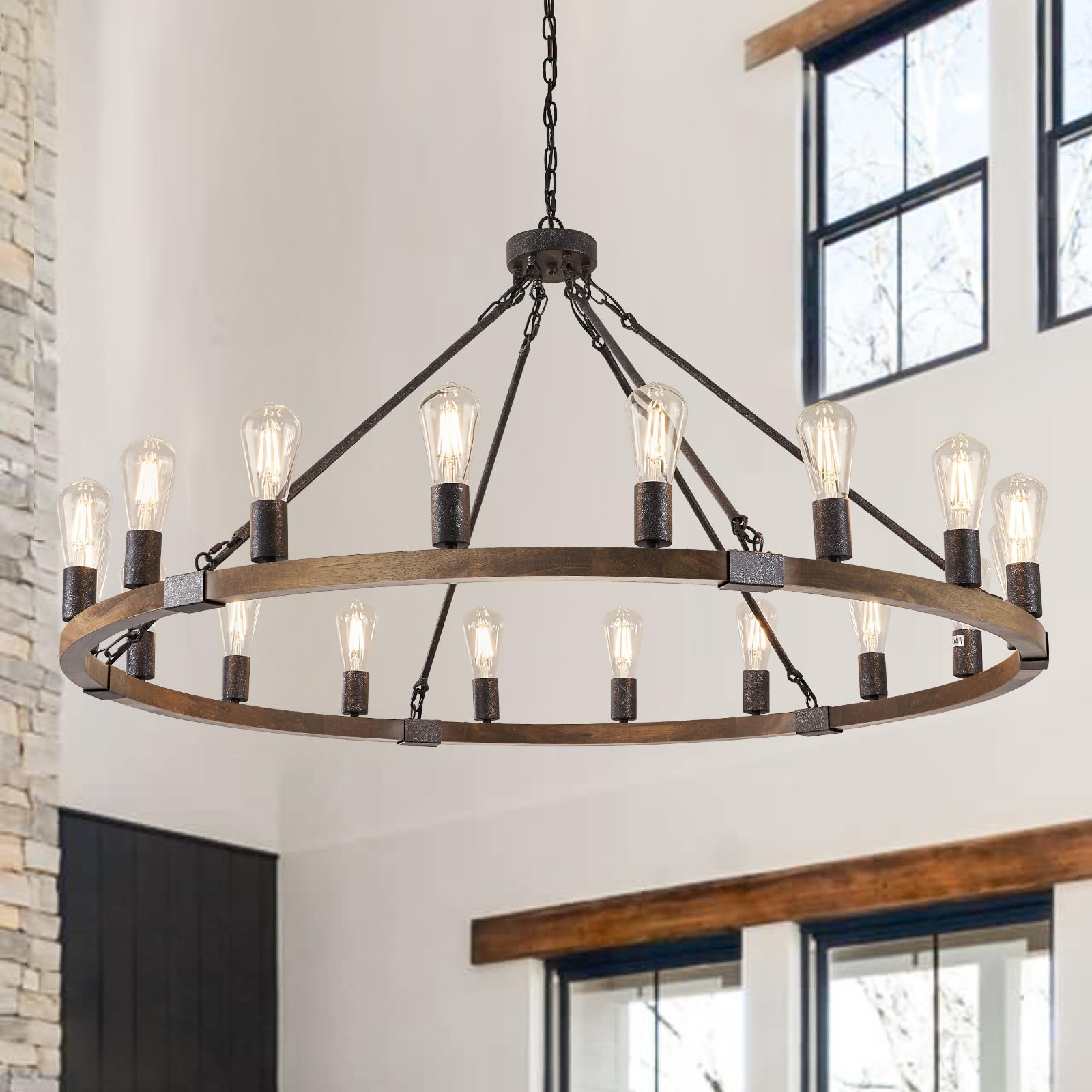 Benkut Farmhouse Wagon Wheel Chandelier 47'' Black Rustic Light Fixtures 18-Light Wood Round Chandelier for Foyer Living Room En