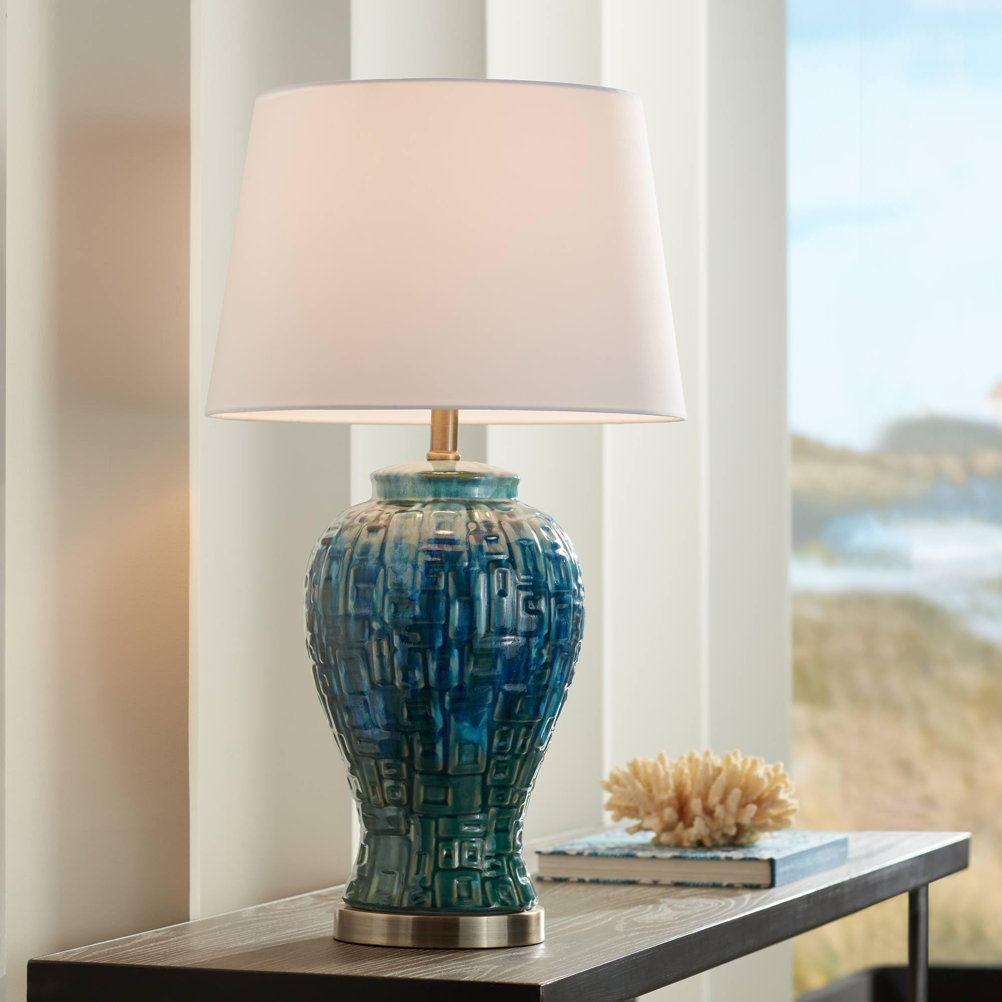 Possini Euro Design Asian Modern Table Lamp 27 Tall Teal Glaze Textured Ceramic Temple Jar White Tapered Drum Shade for Bedroom 