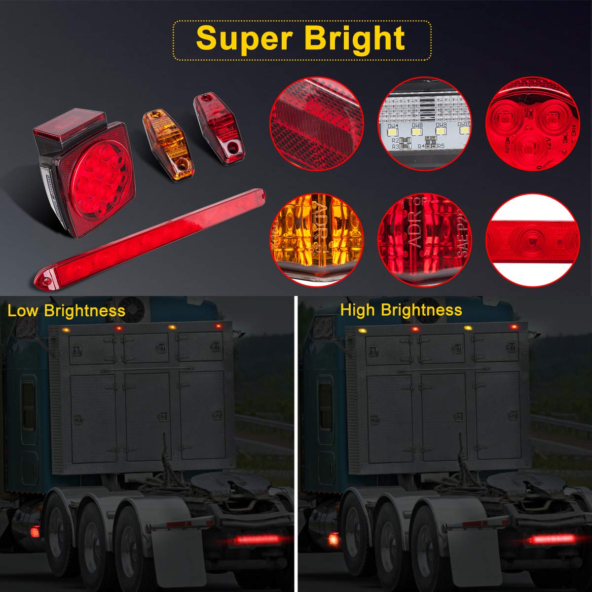 Limicar Trailer Lights, Stop Turn Tail Truck Trailer Light Kit & Trailer Wiring Harness Kit, Red Amber Trailer Marker Lights, 3Rd Brake Id Light Bar, Taillights For Vehicles Camper Snowmobile Rv