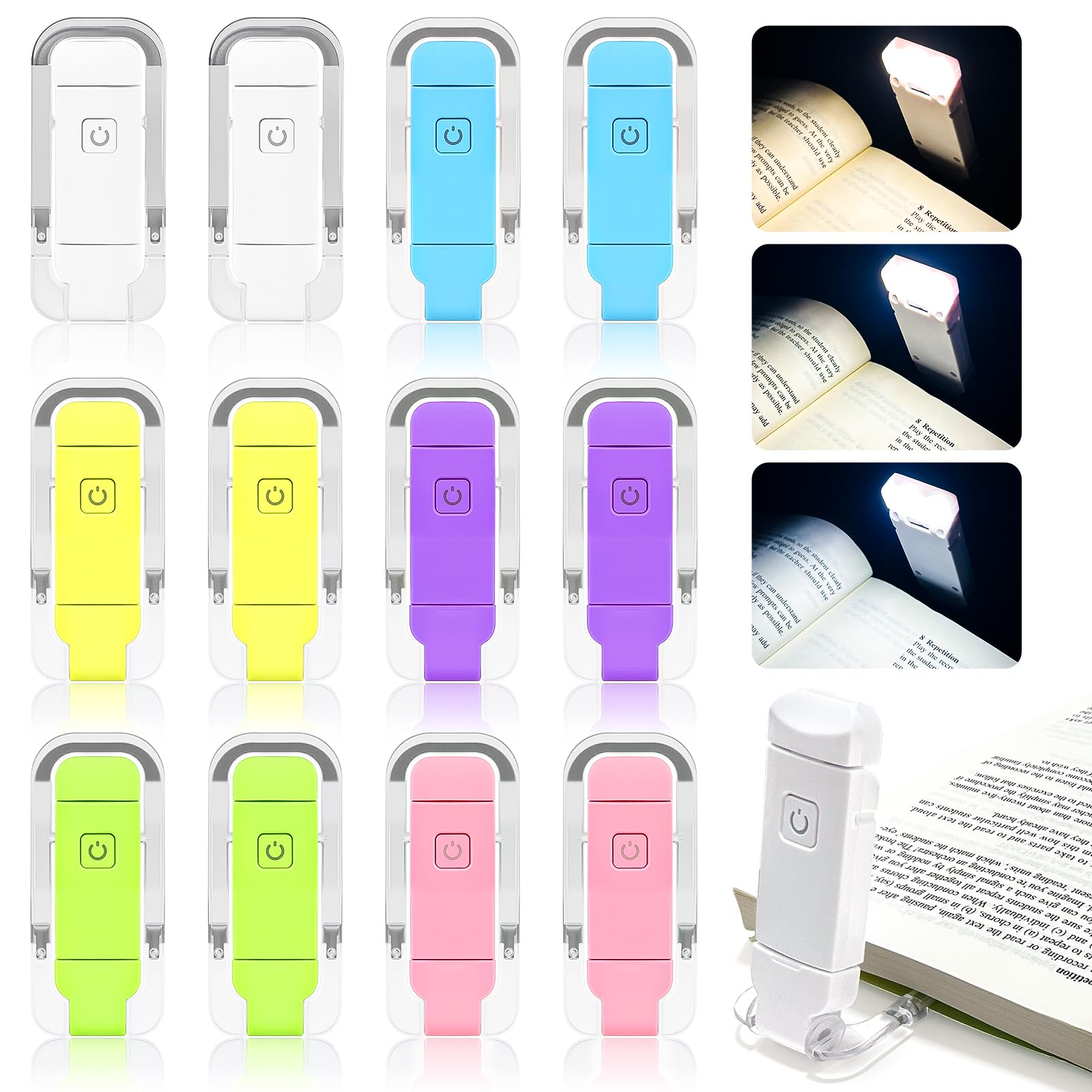 Dolusenly 12 Pack Reading Light,Rechargeable Book Light for Reading in Bed, Eye Caring 3 Color Temperatures,Compact Size Clip on