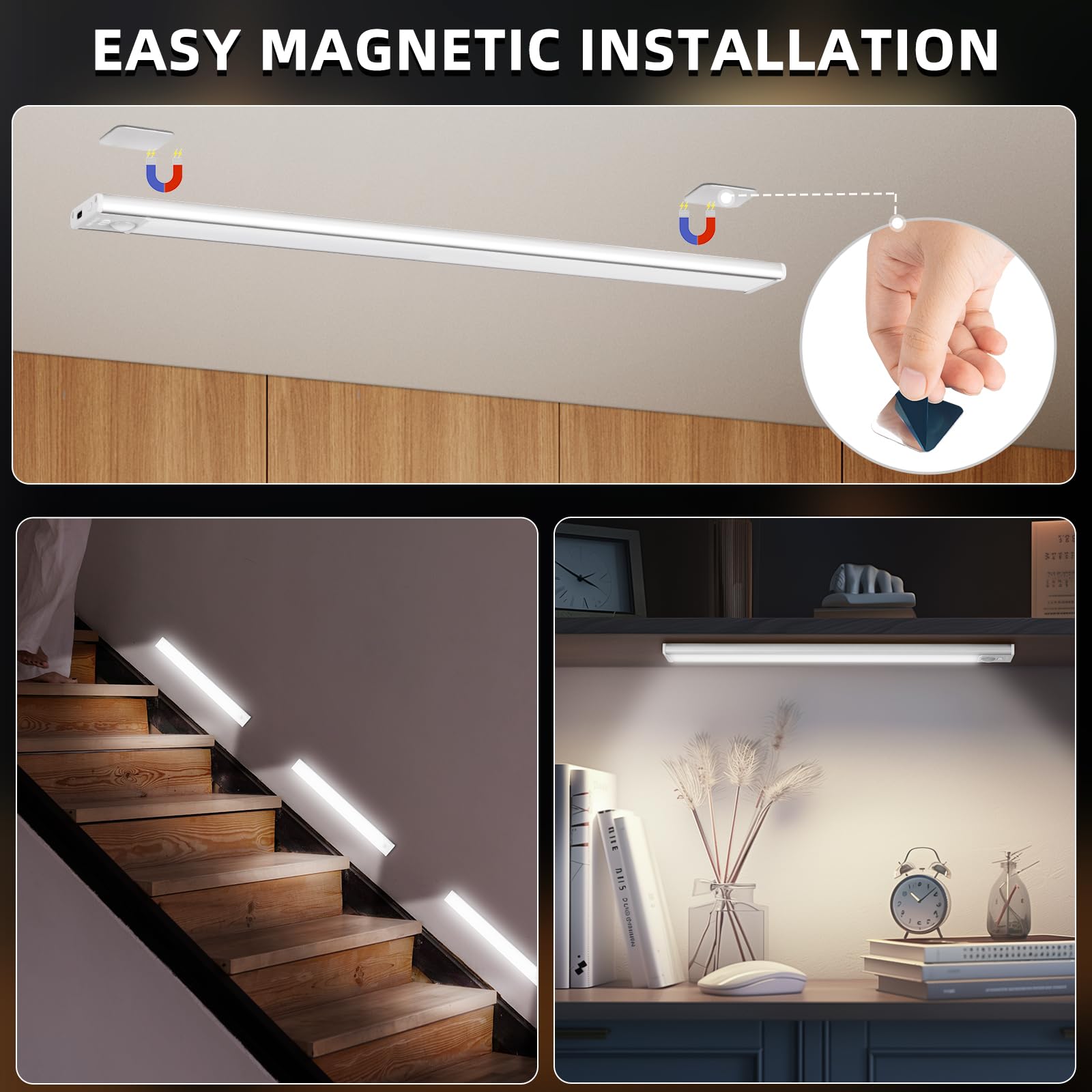Under Cabinet Lighting Wireless, 74 Led Motion Sensor Light Indoor, 3 Color Dimmable Closet Lights Battery Operated, Rechargeabl